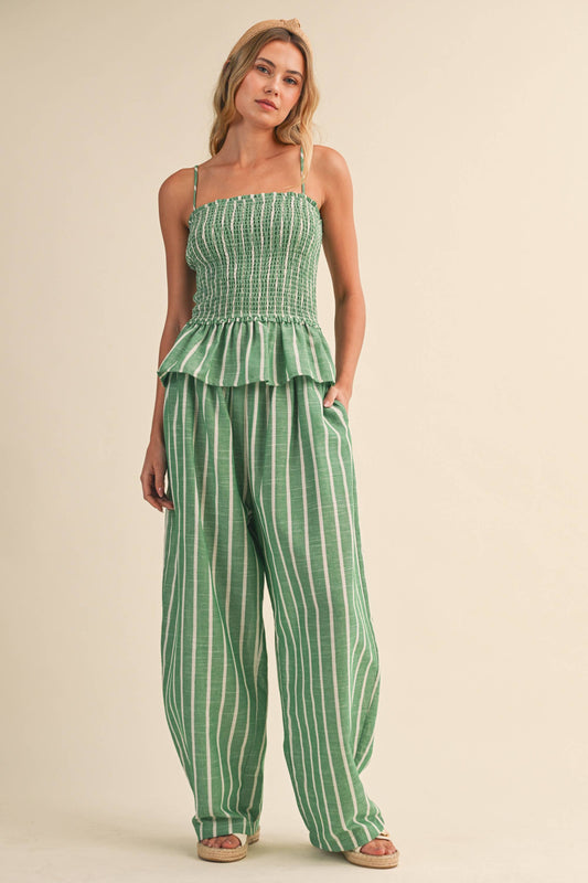 IST6606 STRIPED SMOCKED PEPLUM CAMI TOP AND BARREL PANTS SET