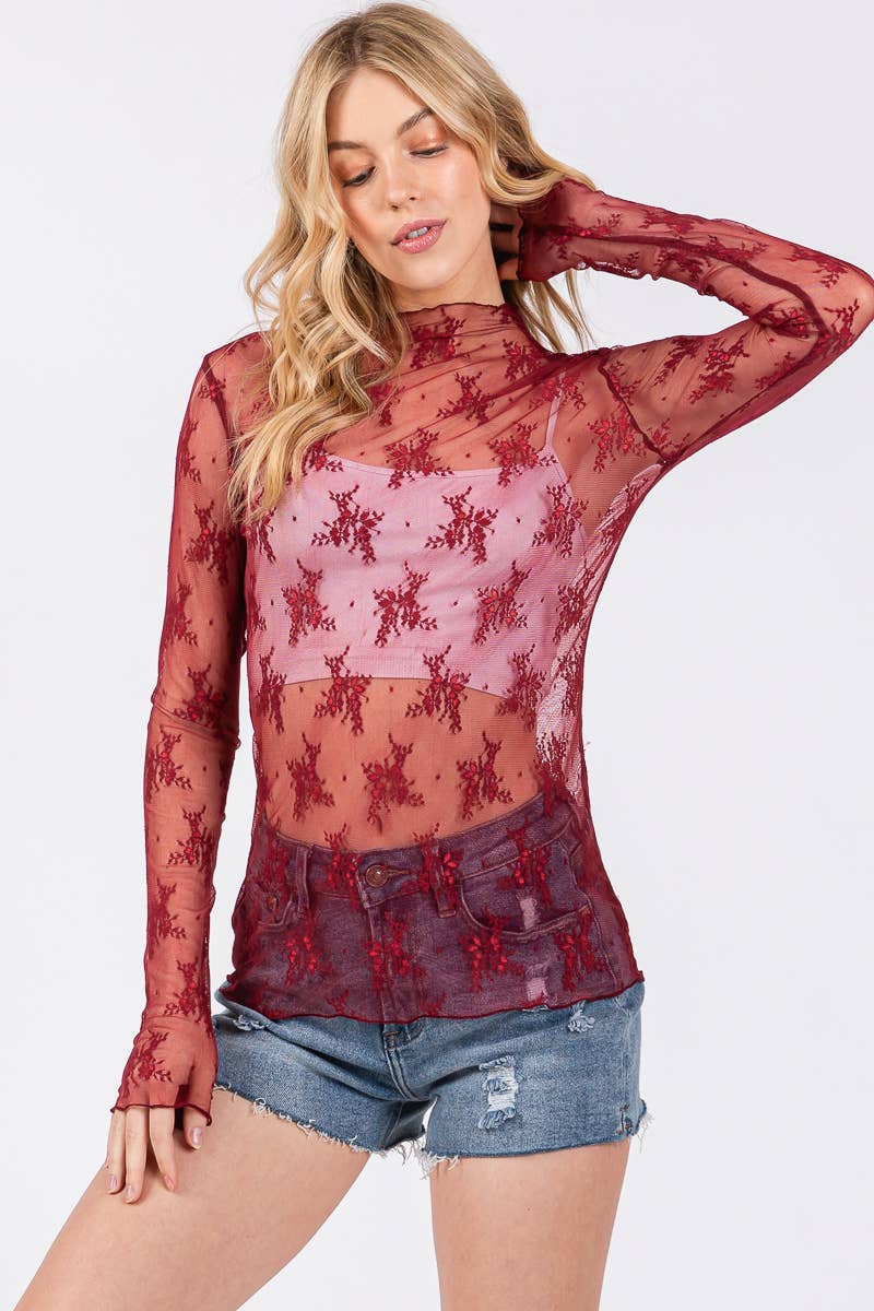GAME DAY LONG SLEEVE FLORAL LACE TOP