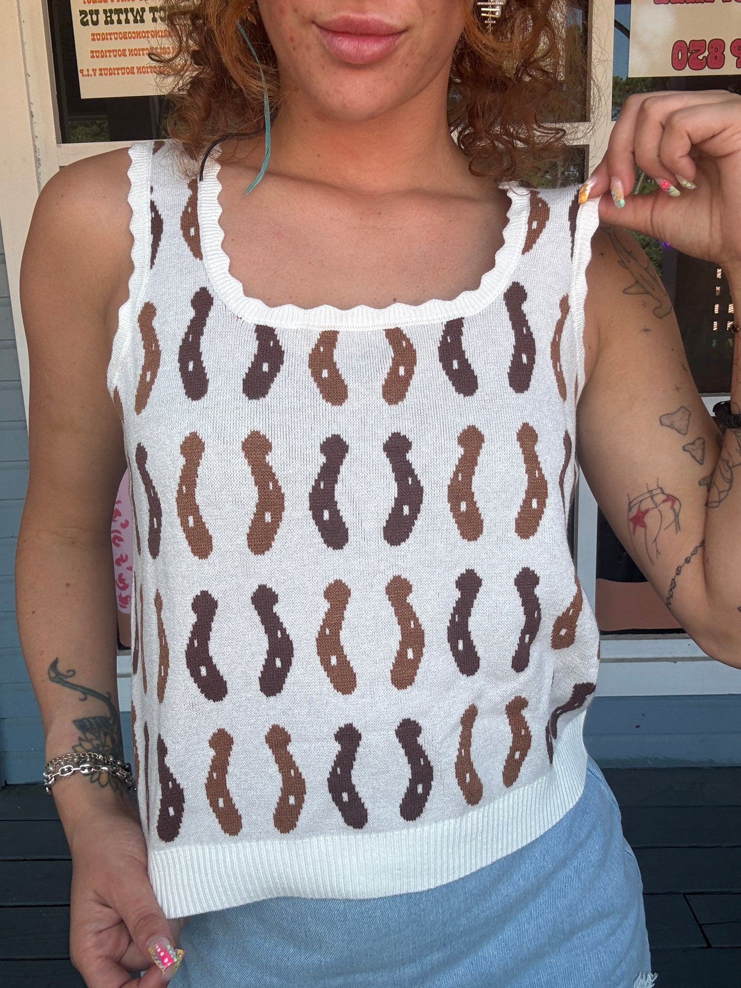 Western Print Scalloped Trim Sweater Vest | S-XL