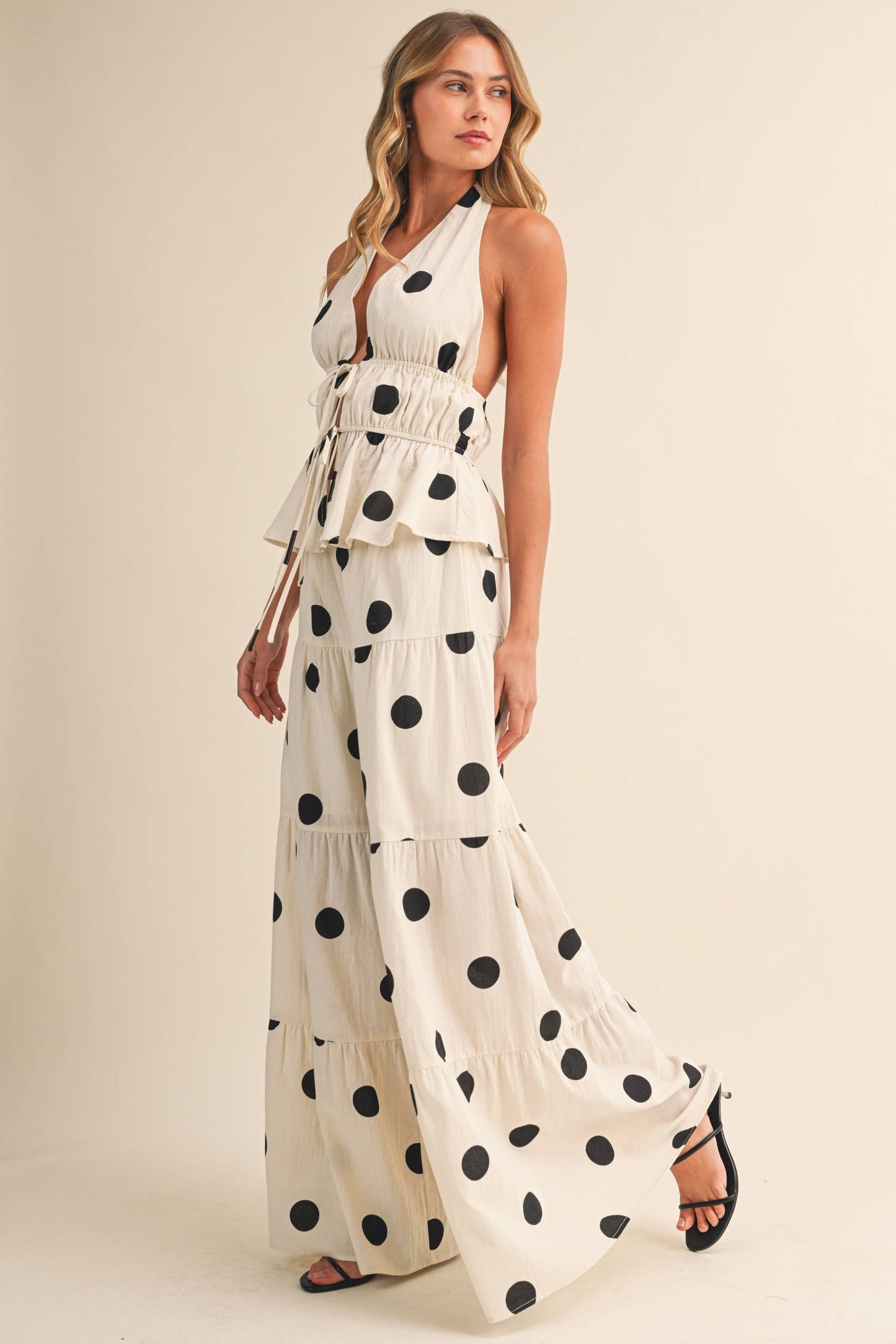 POLKADOT HALTER TIE-FRONT TOP & TIERED WIDE-LEG PANT
