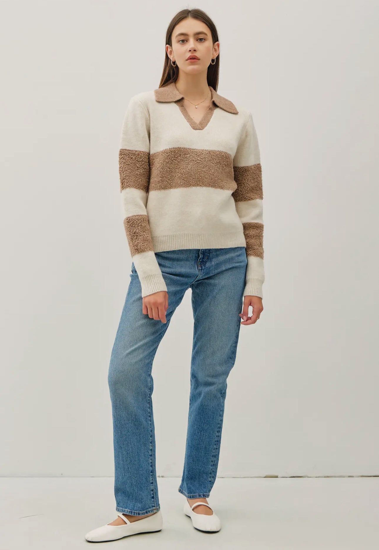 Striped Fuzzy Collared Sweater