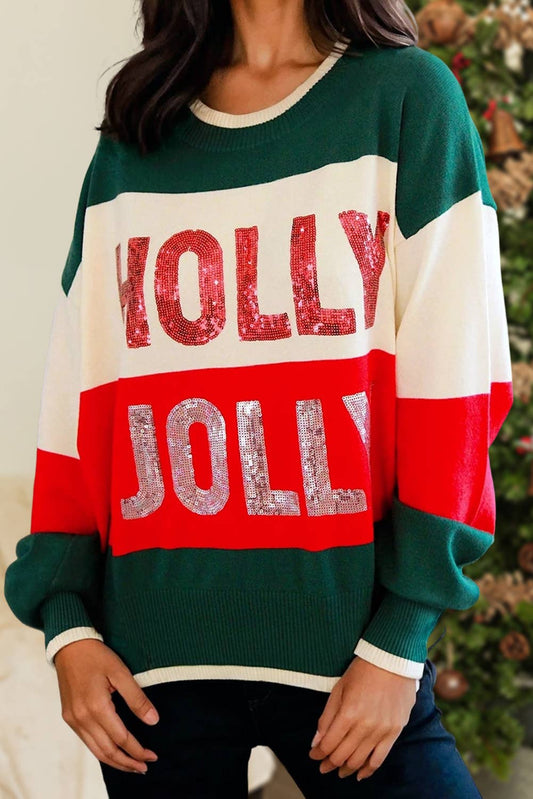 HOLLY JOLLY Sequin Patch Colorblock Sweater | S-XL
