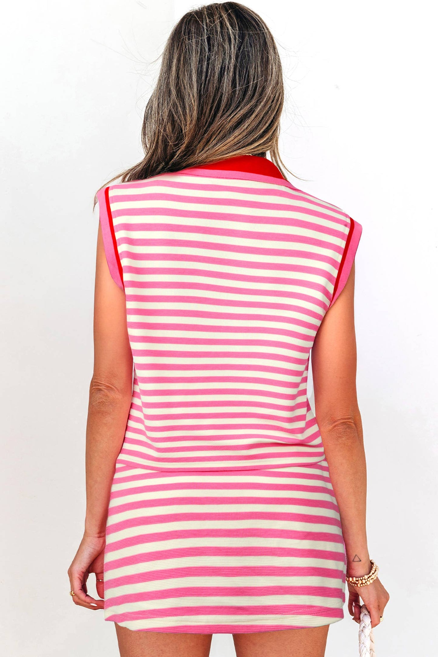 Textured Stripe Zip Collar Sleeveless 2pcs Skort Set