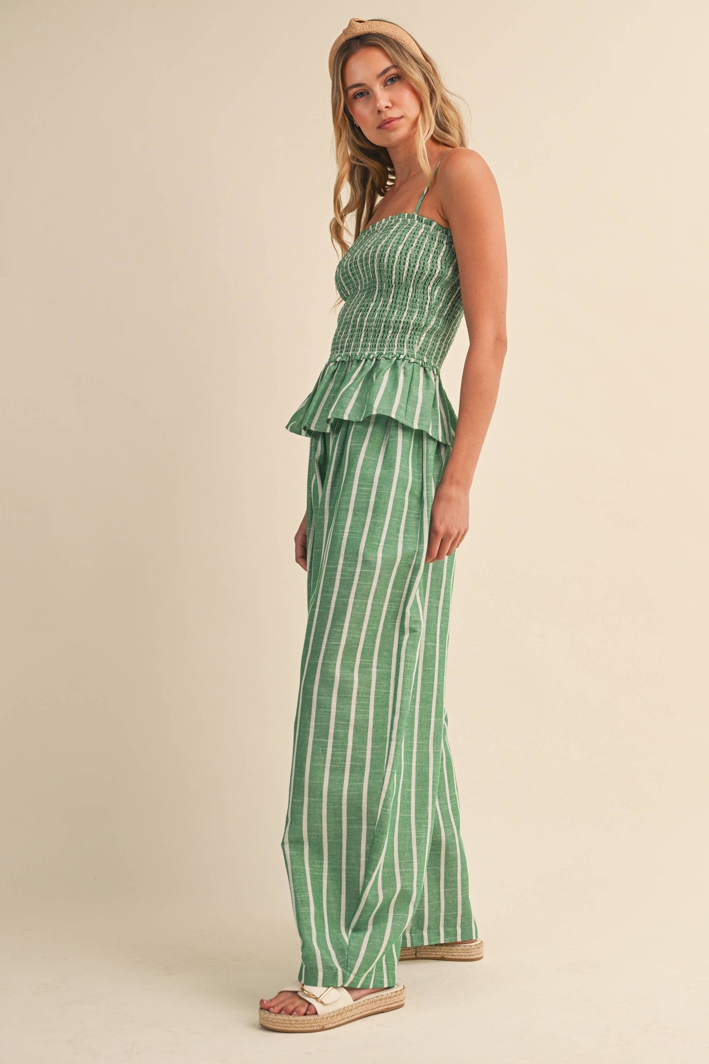 IST6606 STRIPED SMOCKED PEPLUM CAMI TOP AND BARREL PANTS SET