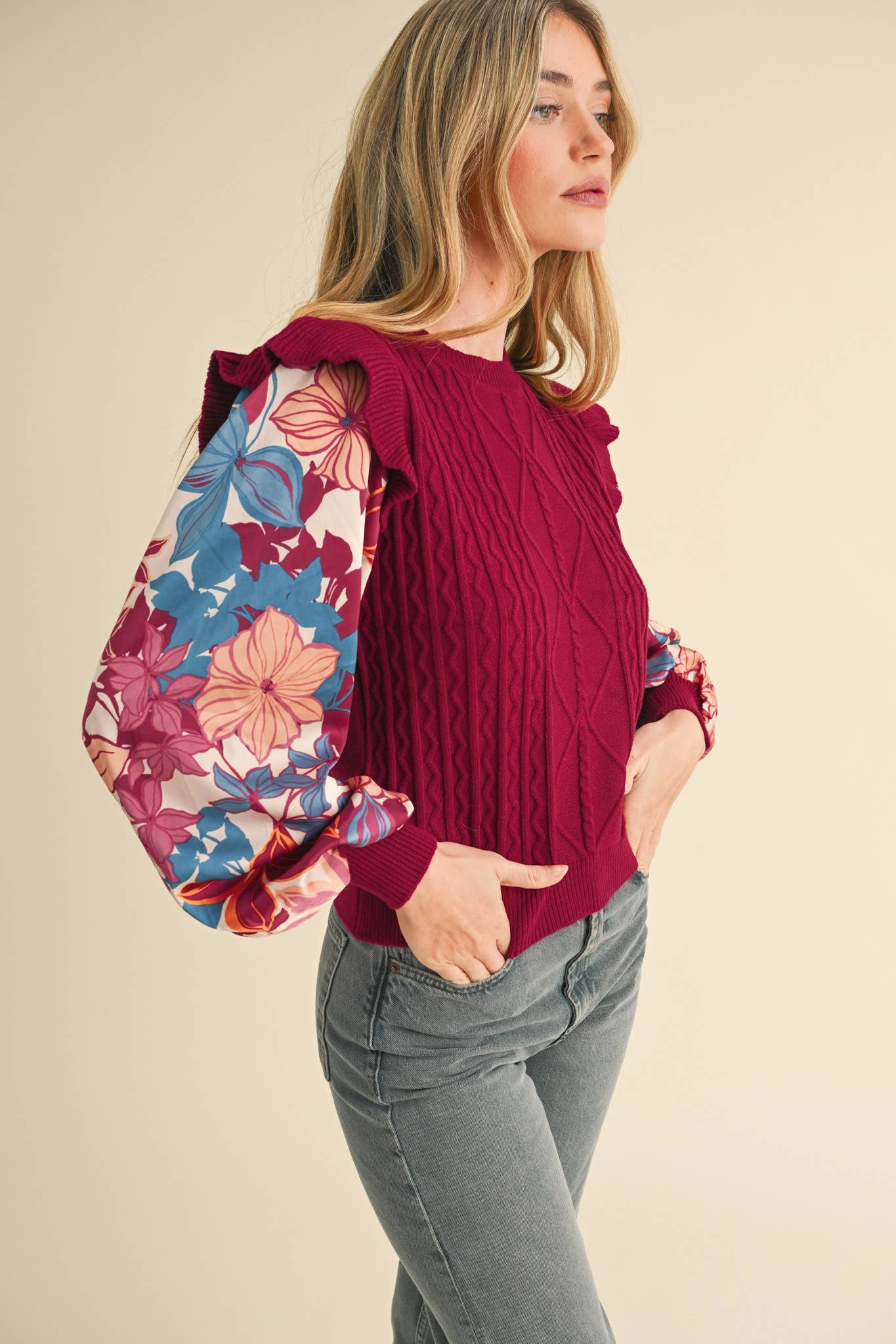 MIXED MEDIA SWEATER TOP WITH WOVEN SLEEVES MSW10749