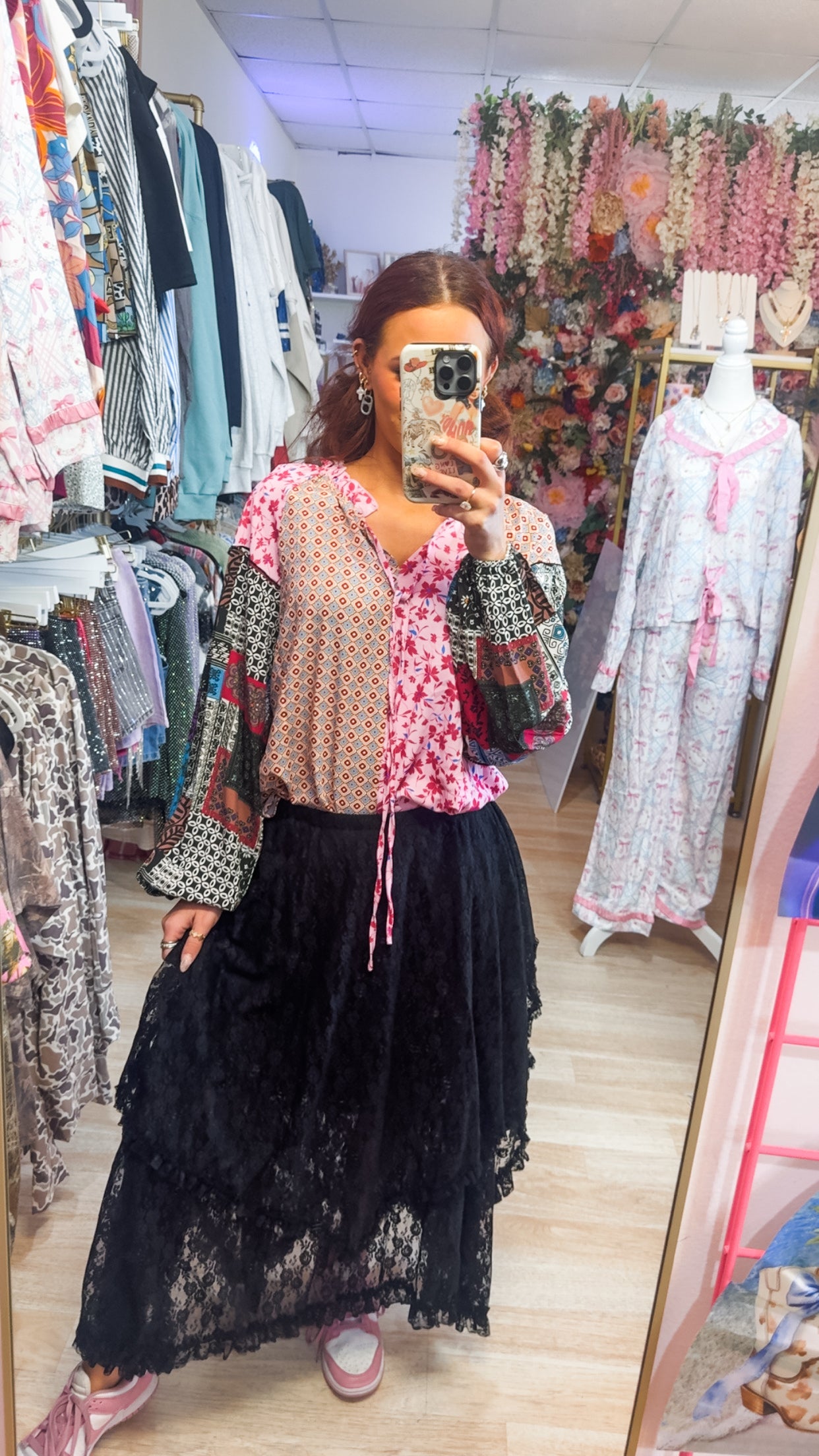 Boho Mixed Floral Patch Bubble Sleeve Blouse