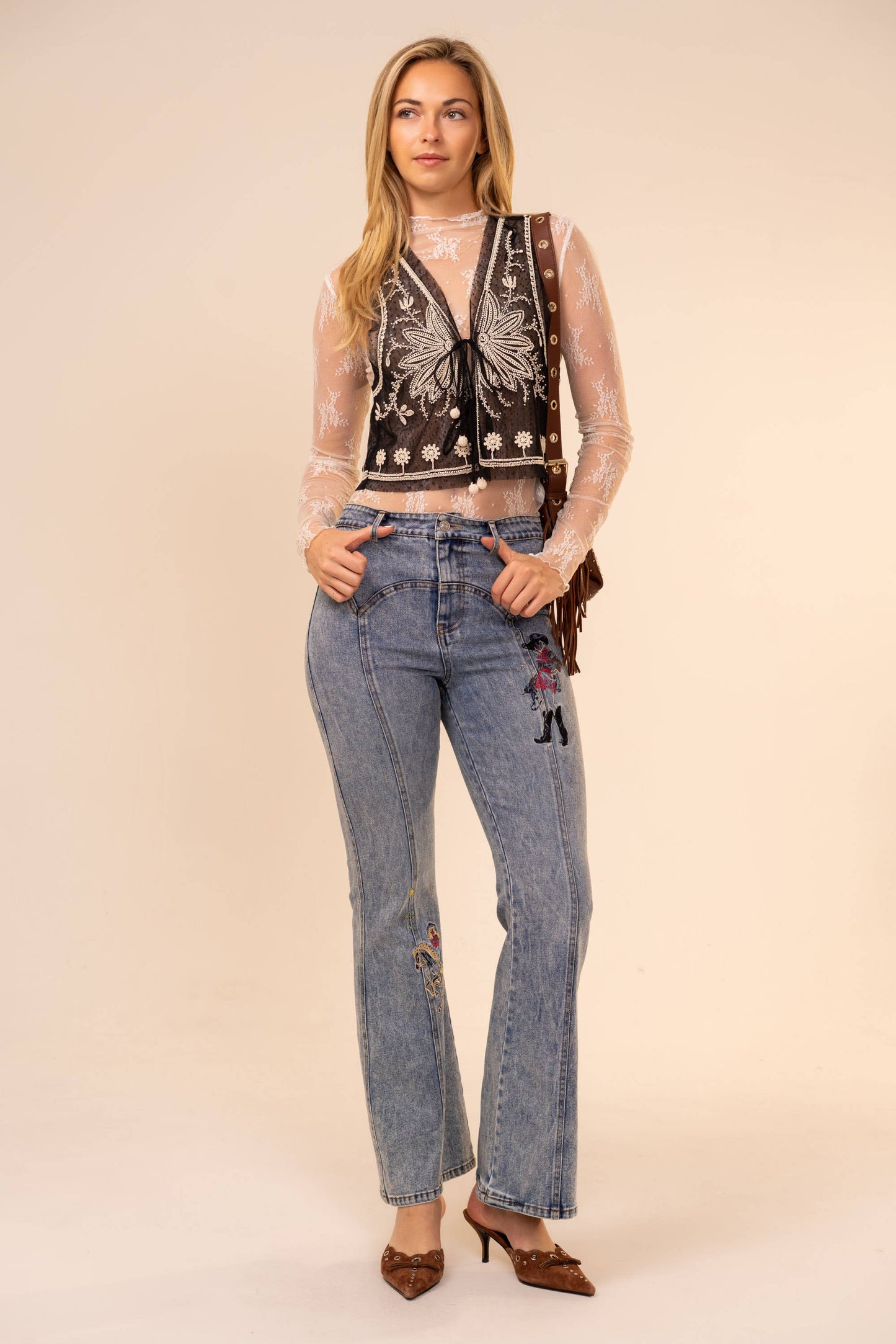 Beaded Tie Front Mesh Vest