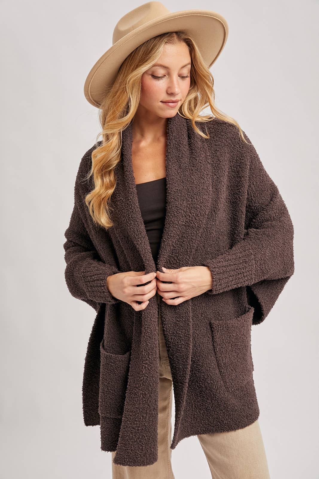 OPEN FRONT BLANKET WRAP BOUCLE KNIT SWEATER CARDIGAN