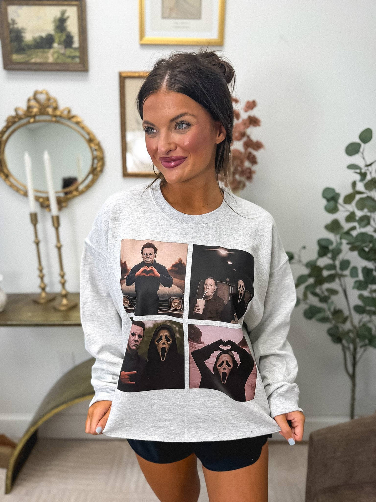 Michael & Scream Cropped Graphic Crewneck in Ash Gray