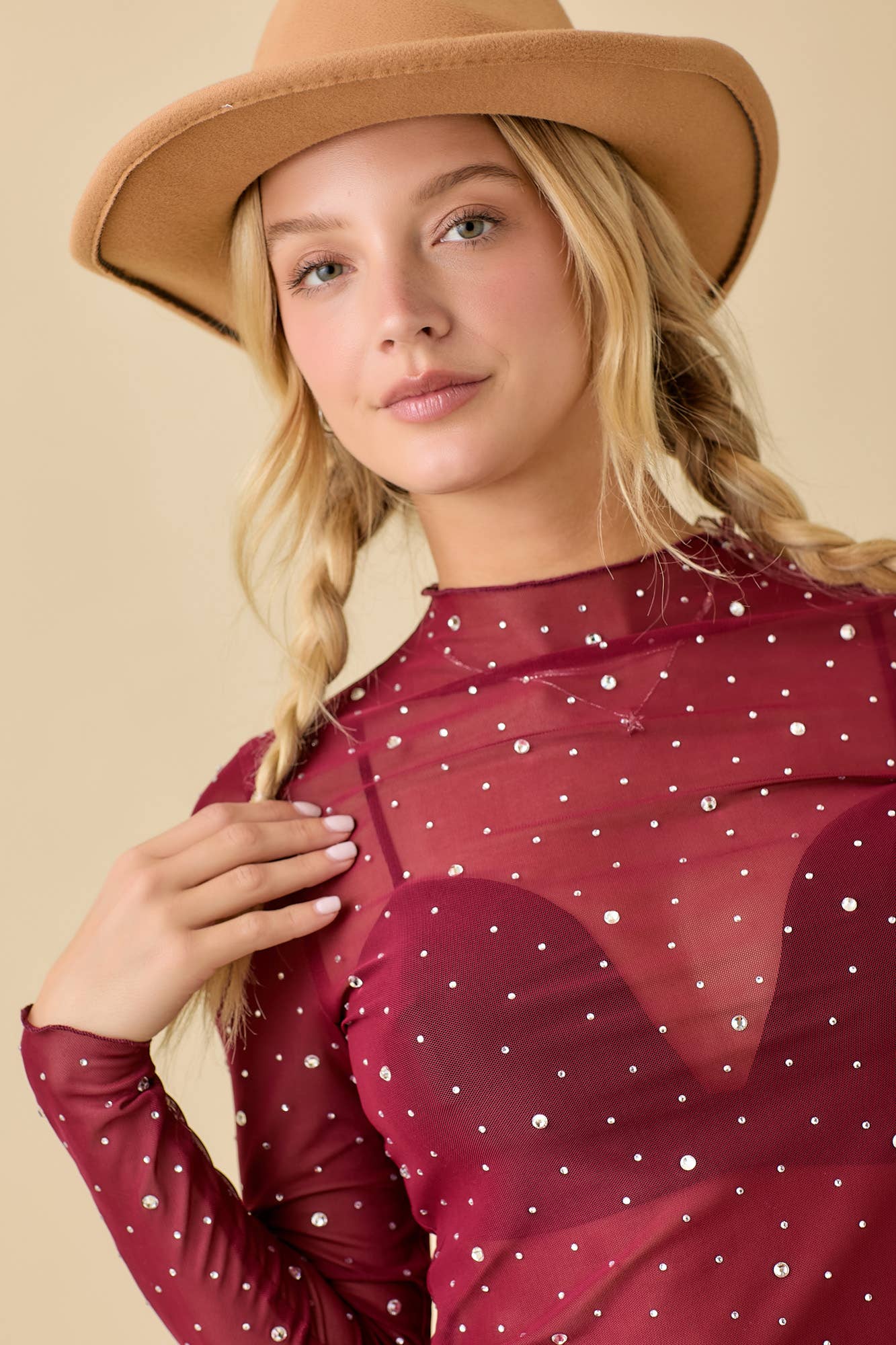 Rhinestone Trim Long Sleeve Mesh Top