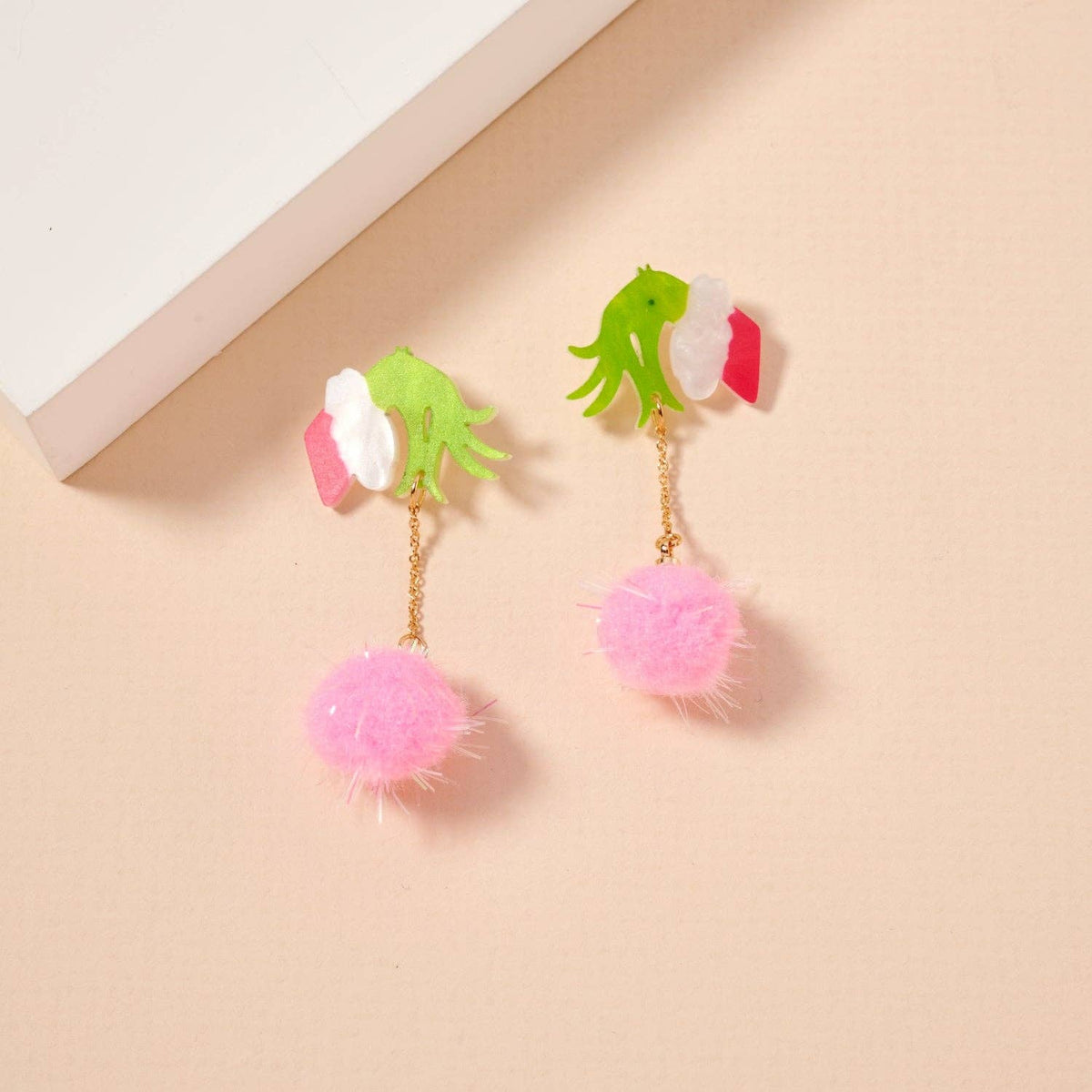 Green Monster Pom Pom Drop Earrings | Whimsical Acrylic Earrings