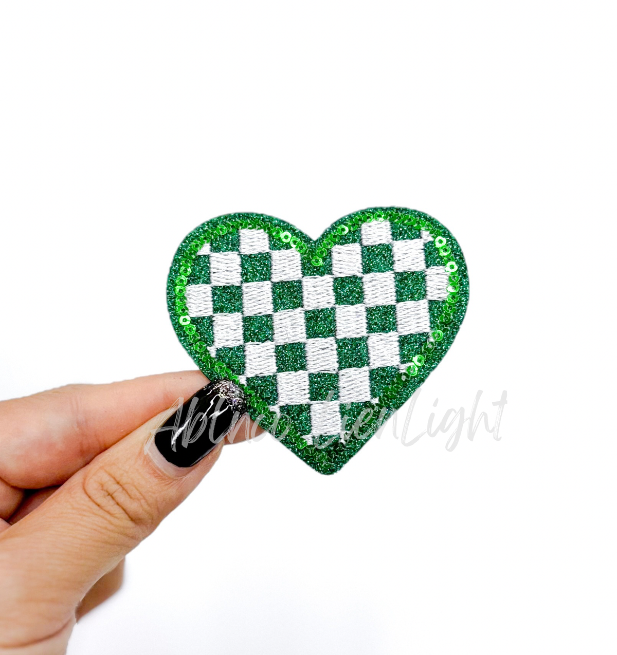 Green checkered heart embroidery glitter sequin patch