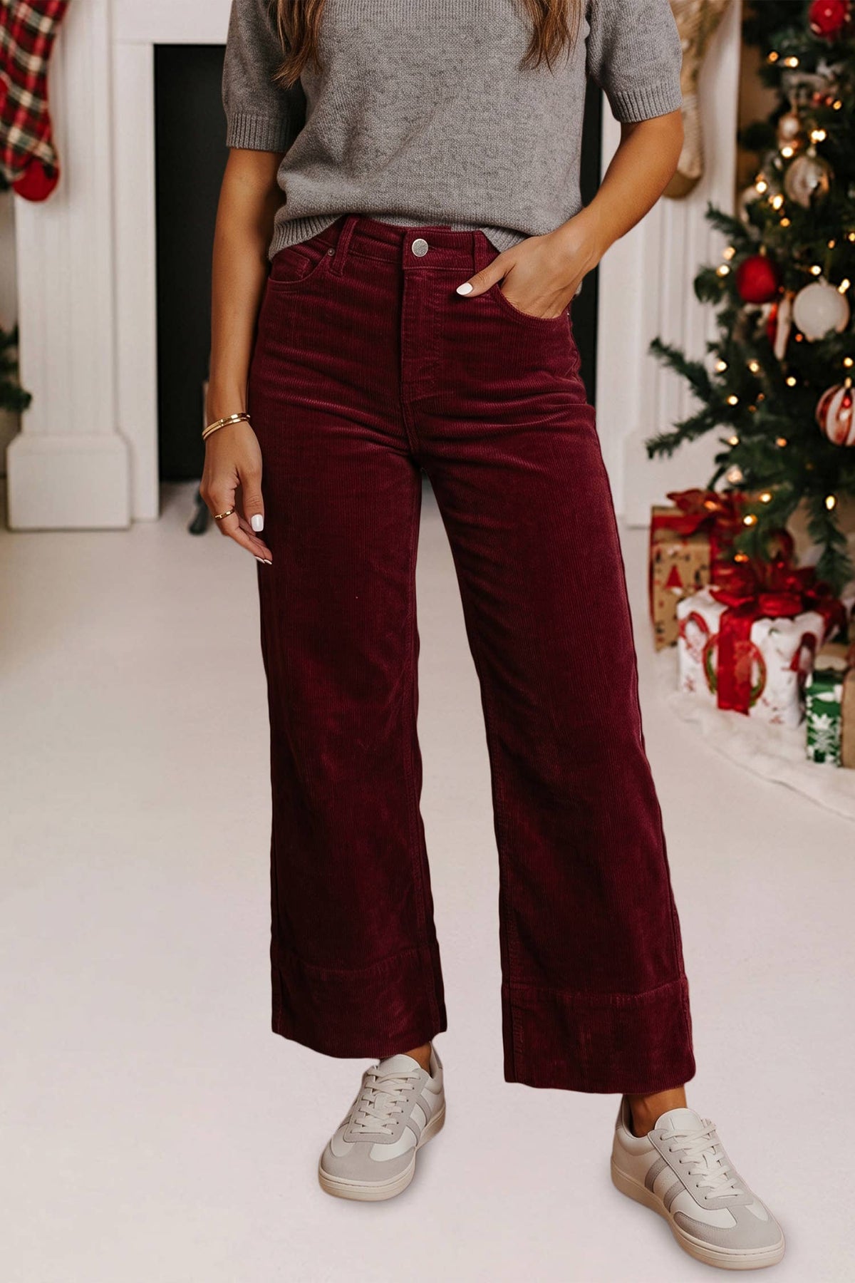 Christmas Corduroy High Waist Wide Leg Pants | S-XL