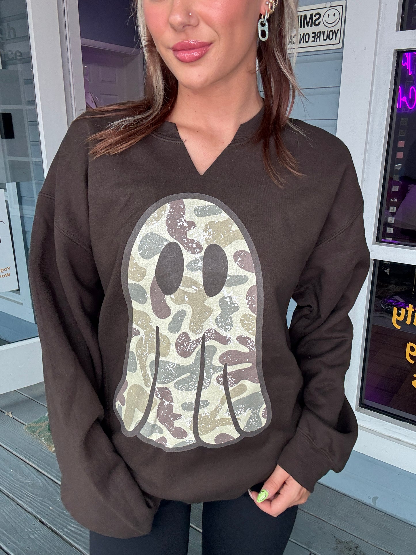 Camo Ghost Split Neck Graphic Crewneck on Dark Chocolate