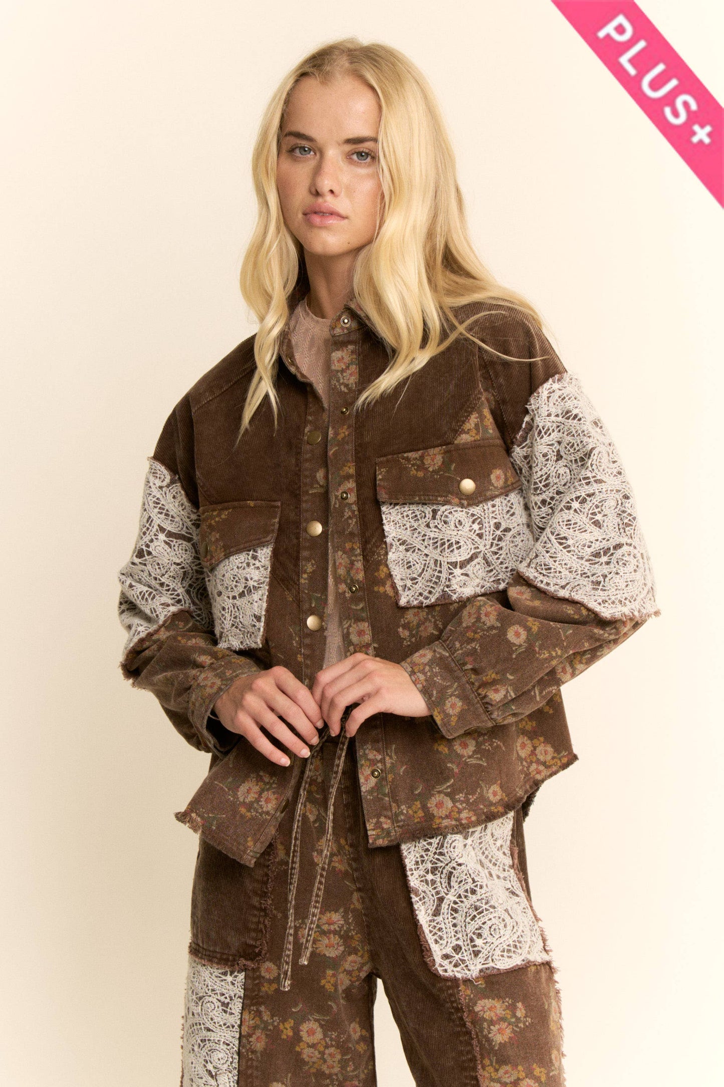 PLUS WASHED CORDUROY AND FLOWER DENIM PANTS