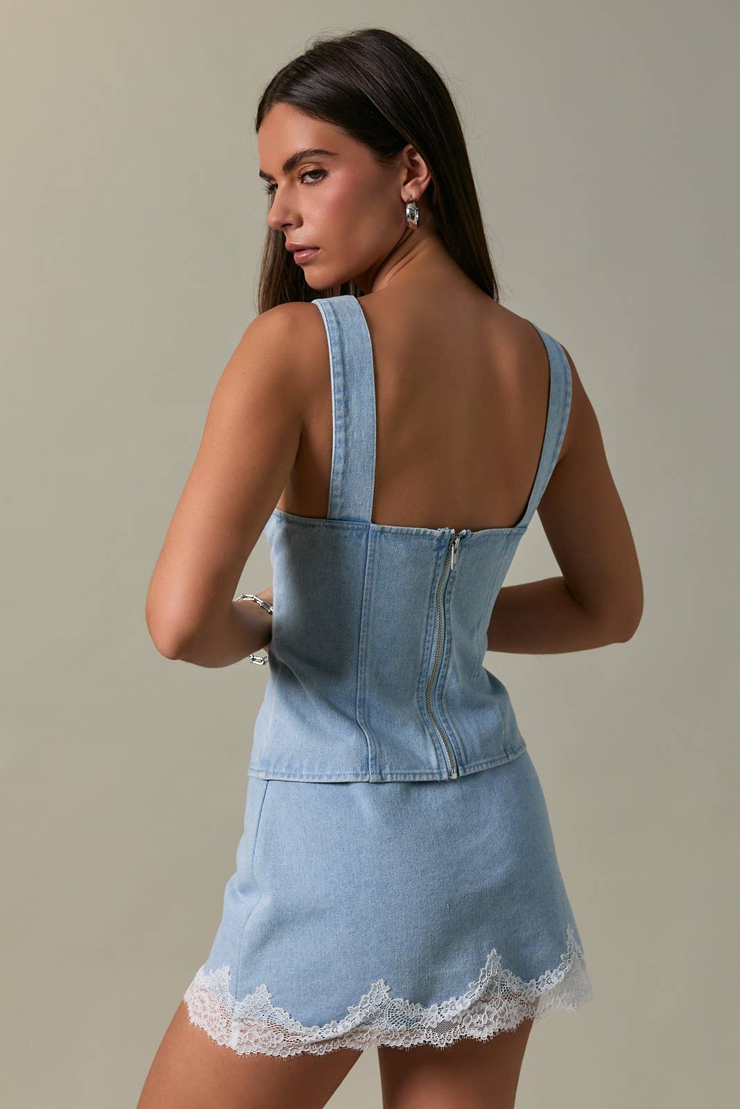DENIM BUSTIER WITH LACE DETAIL