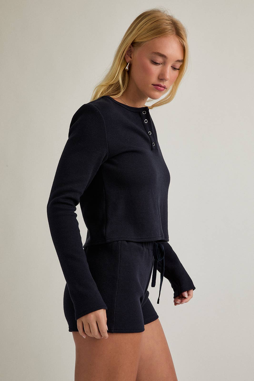 LONG SLEEVE WAFFLE KNIT TOP WITH LOW WAIST MICRO SHORTS