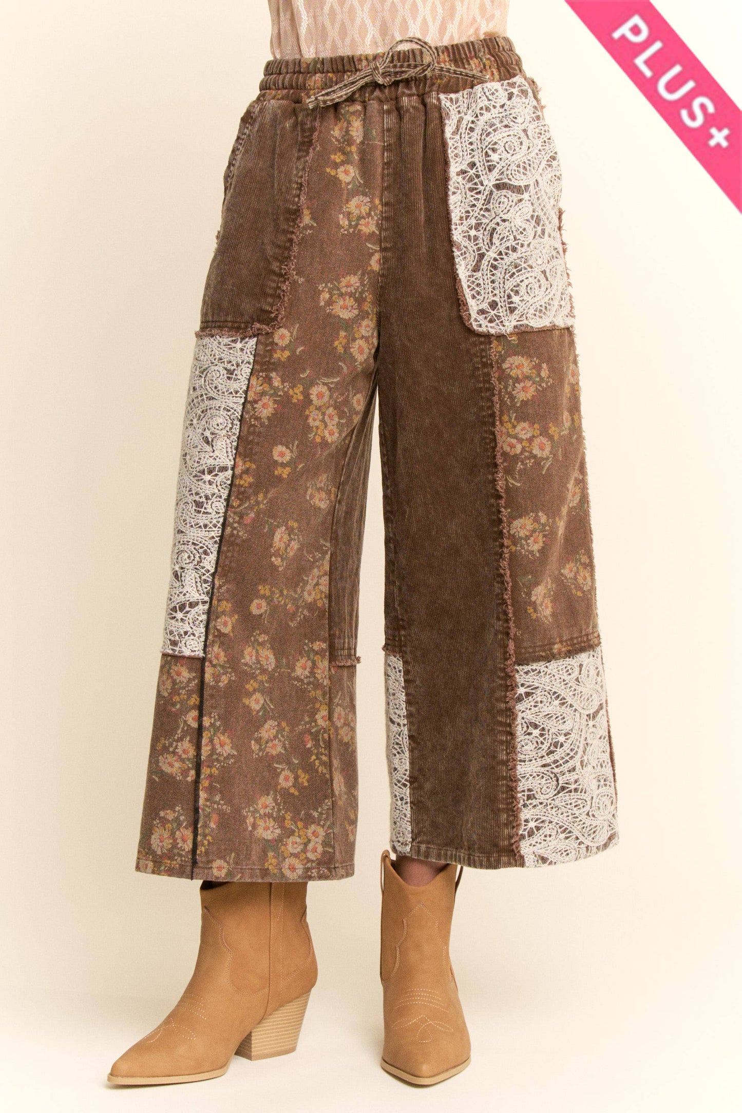 PLUS WASHED CORDUROY AND FLOWER DENIM PANTS