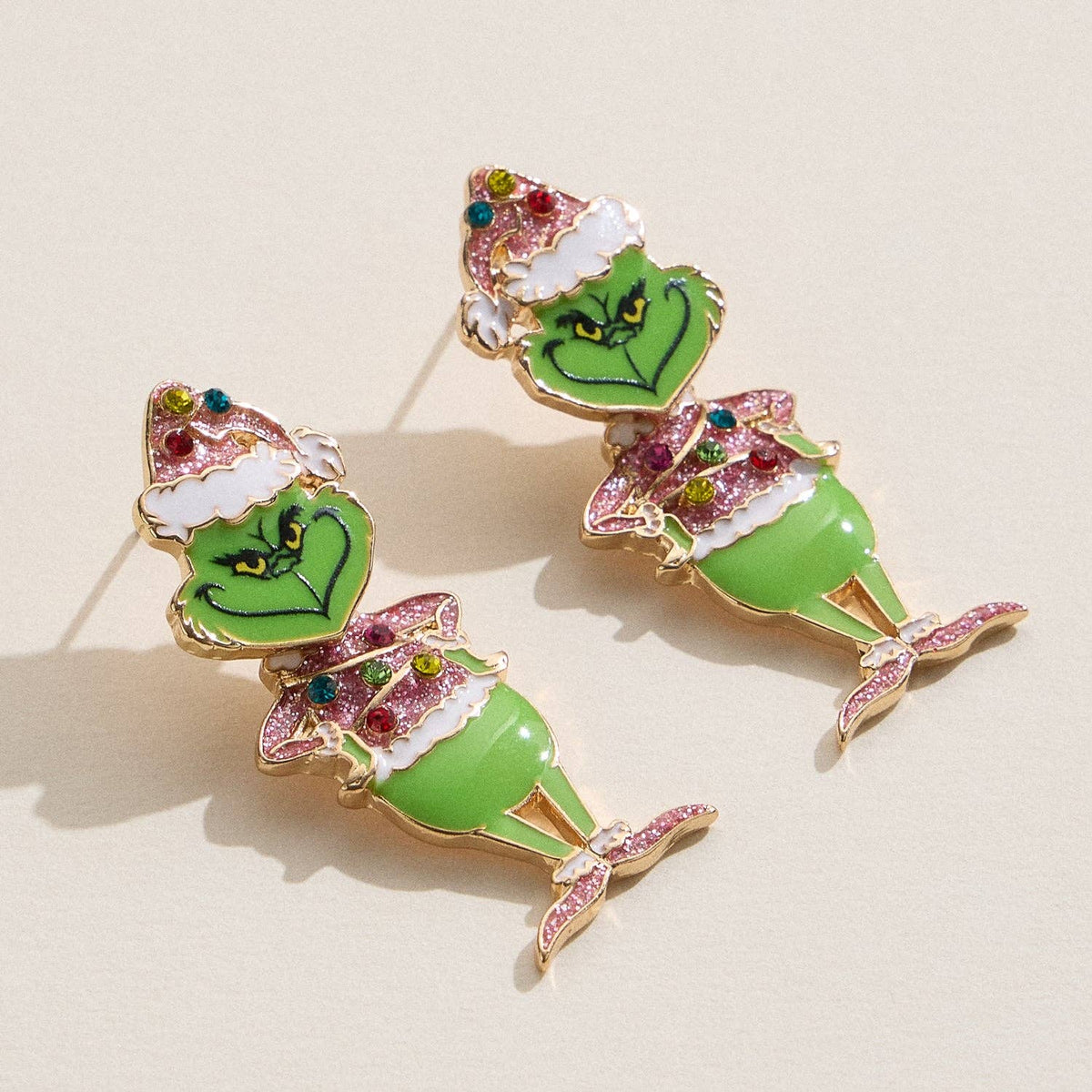 Enamel Green Monster Drop Earrings | Glitter Holiday Character