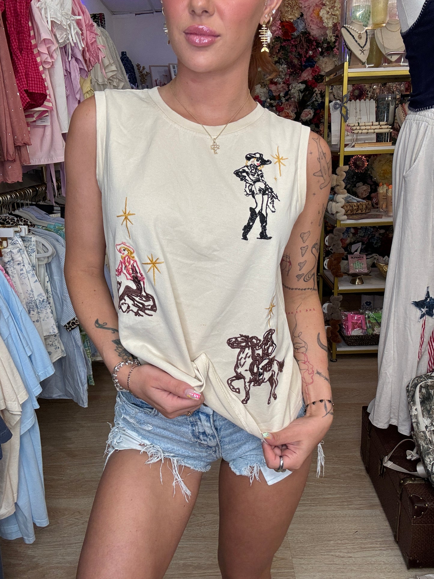 Western Motif Embroidered Sleeveless Top