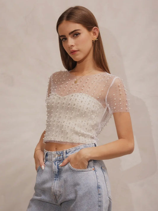 Pearl Shortsleeve Sheer Top