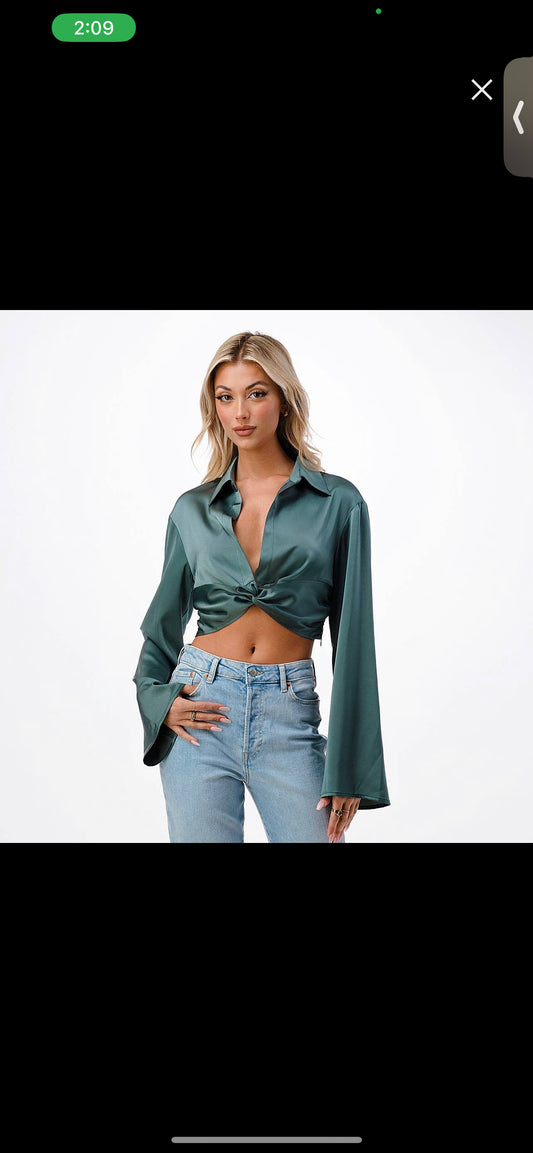 Satin Hunter Green Cross Top