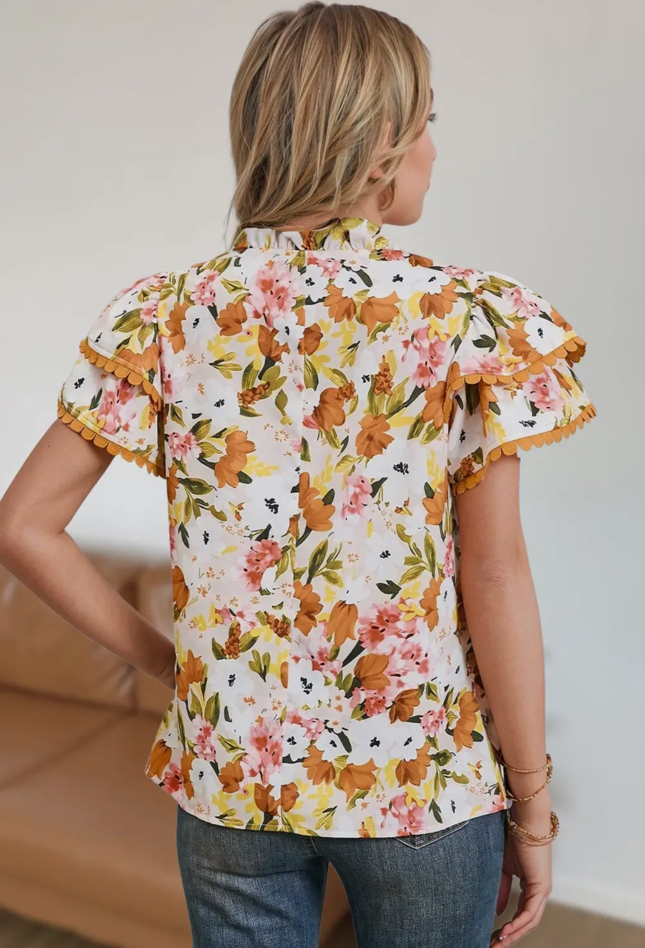 Orange Floral Scalloped Blouse Top