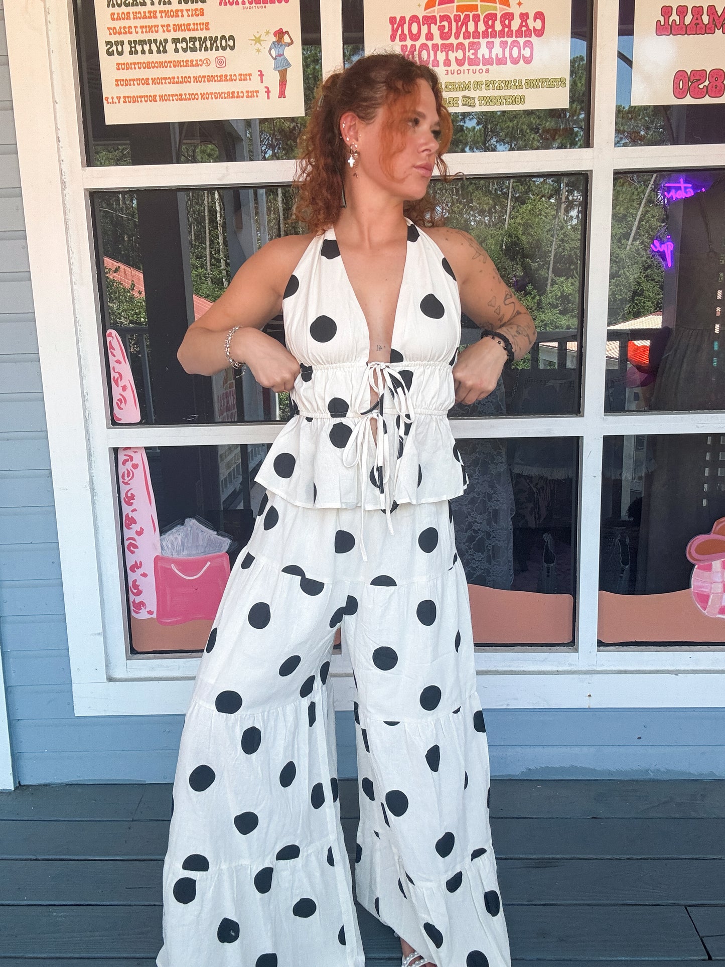 POLKADOT HALTER TIE-FRONT TOP & TIERED WIDE-LEG PANT