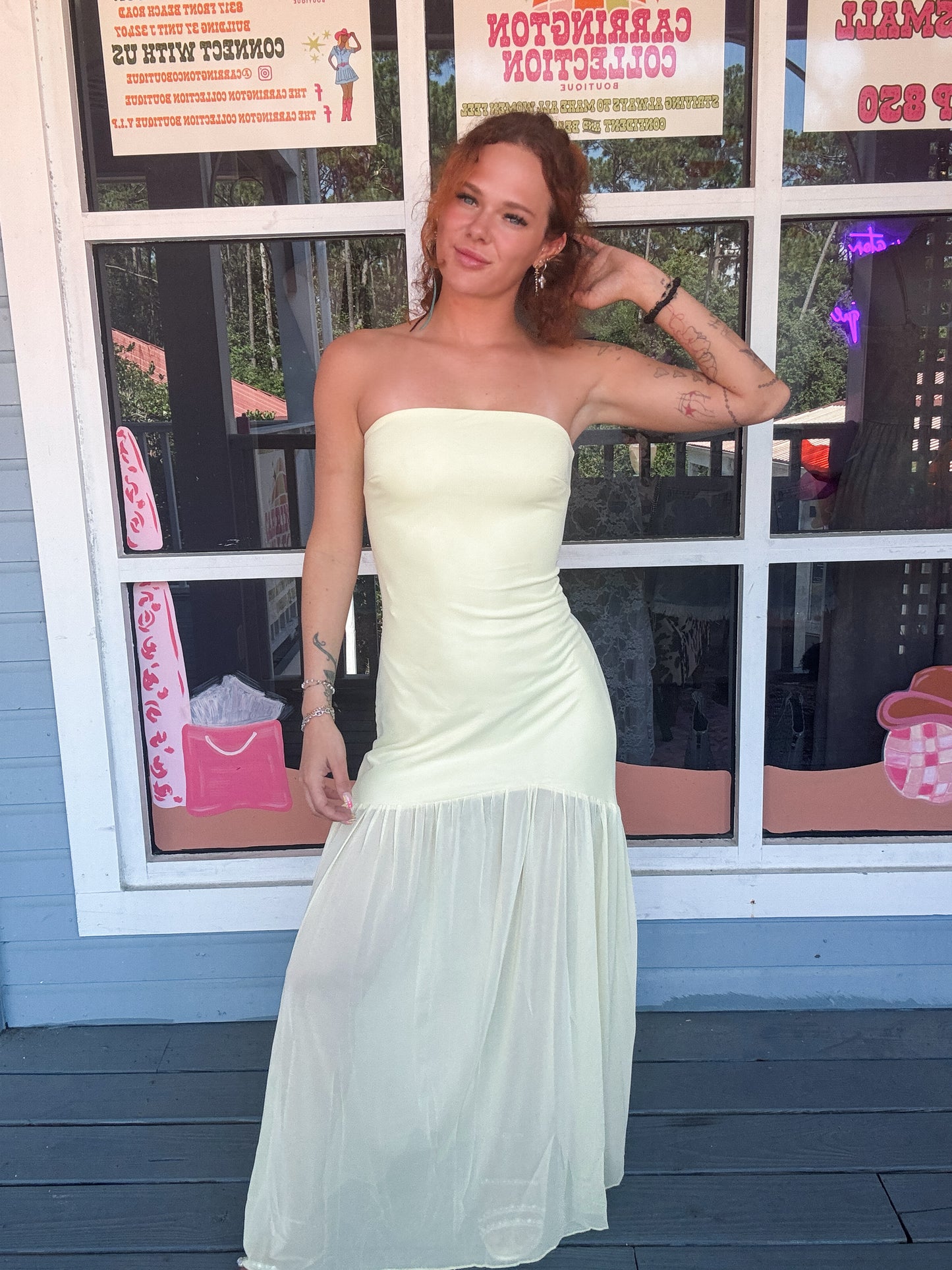 STRAPLESS SHEER MAXI DRESS
