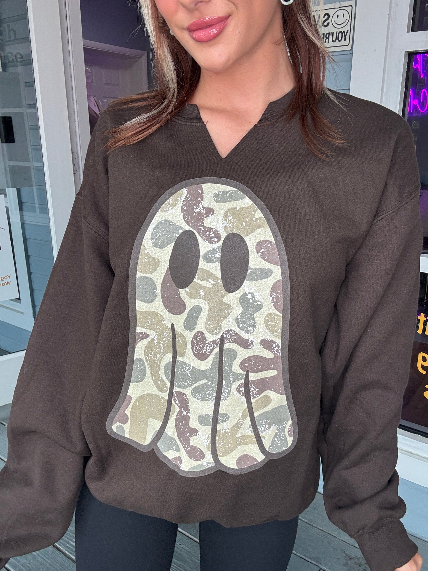 Camo Ghost Split Neck Graphic Crewneck on Dark Chocolate