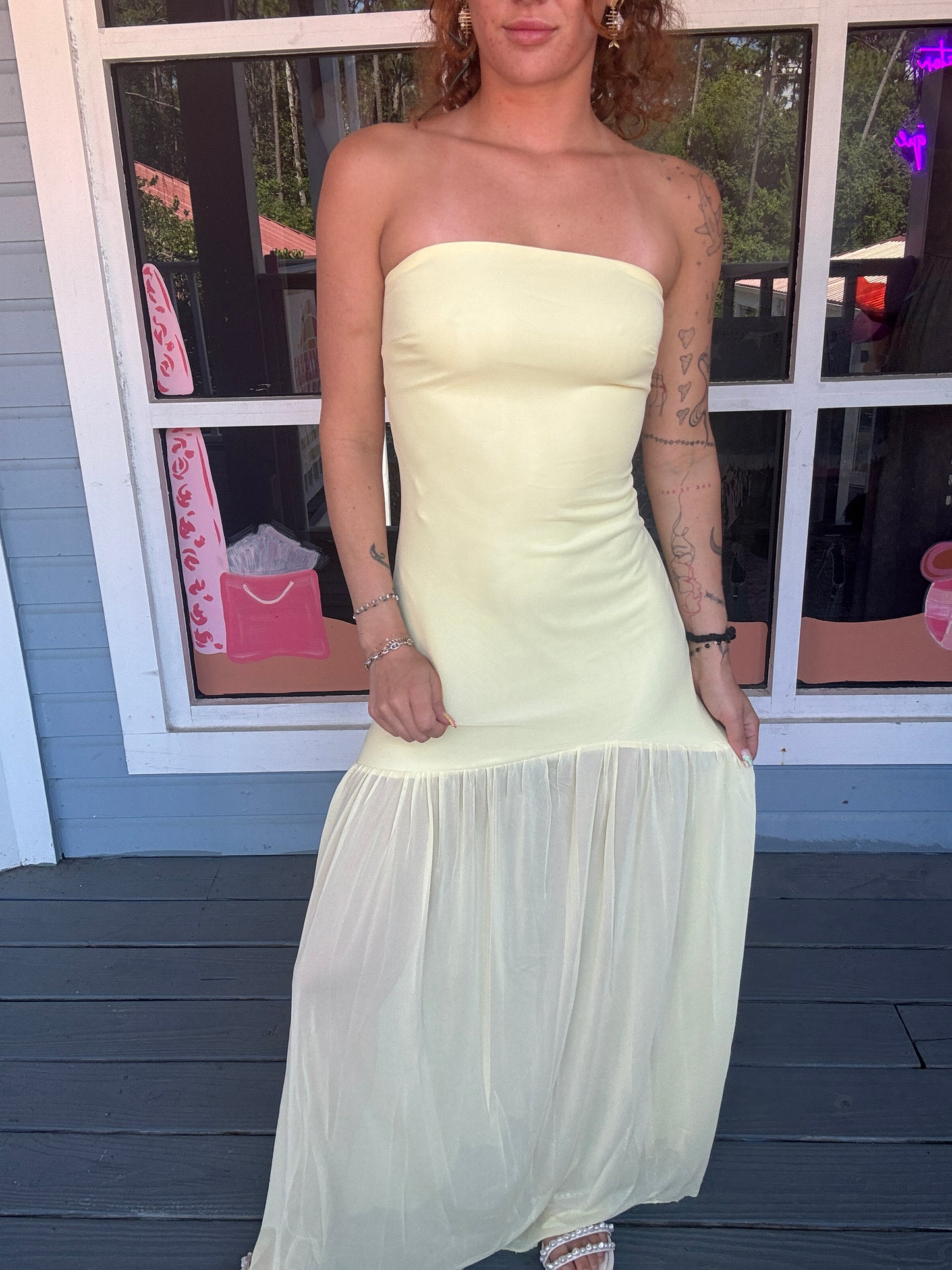 STRAPLESS SHEER MAXI DRESS