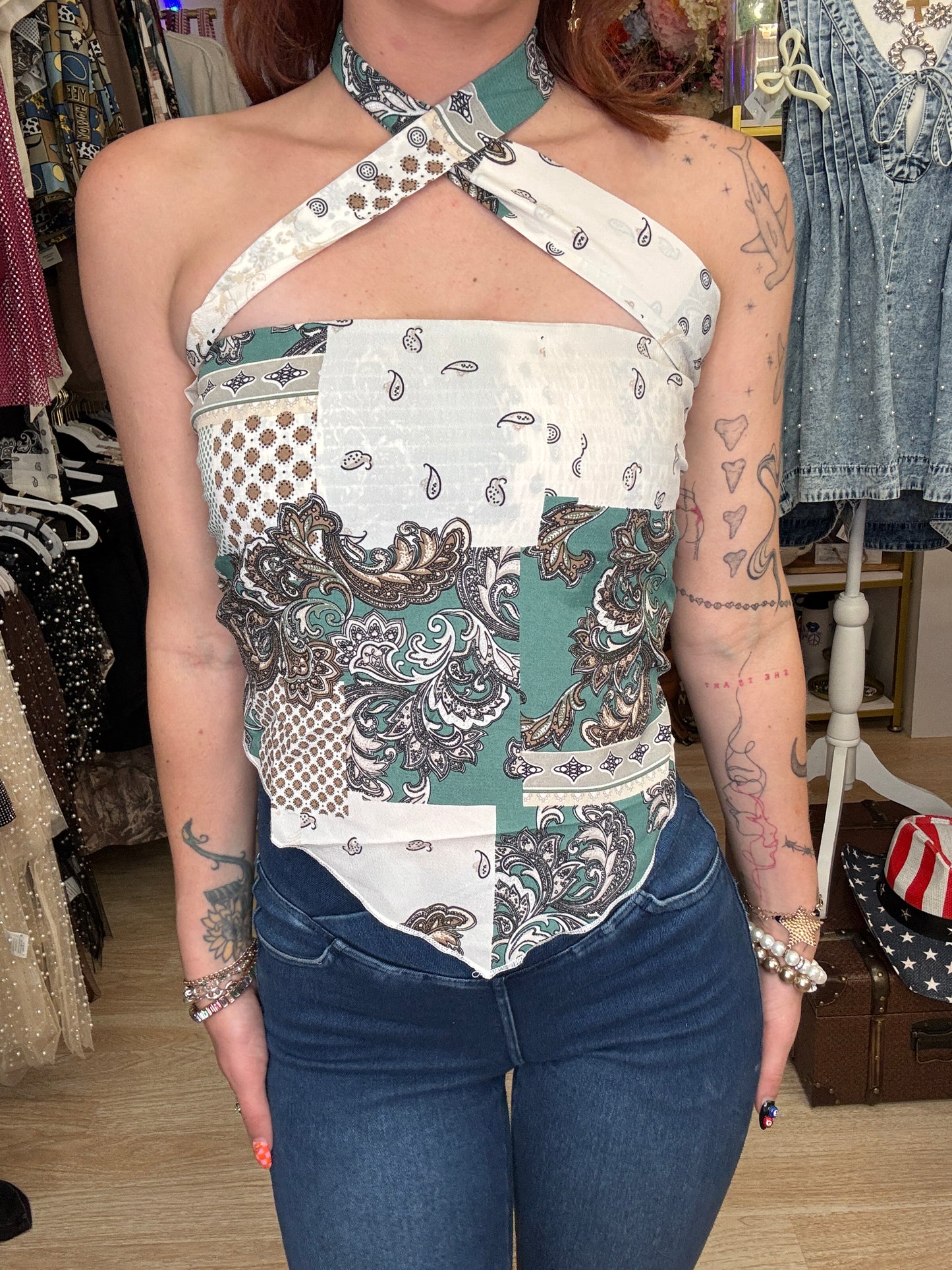 PAISLEY CROSSOVER HALTER NECK BANDEAU TOP