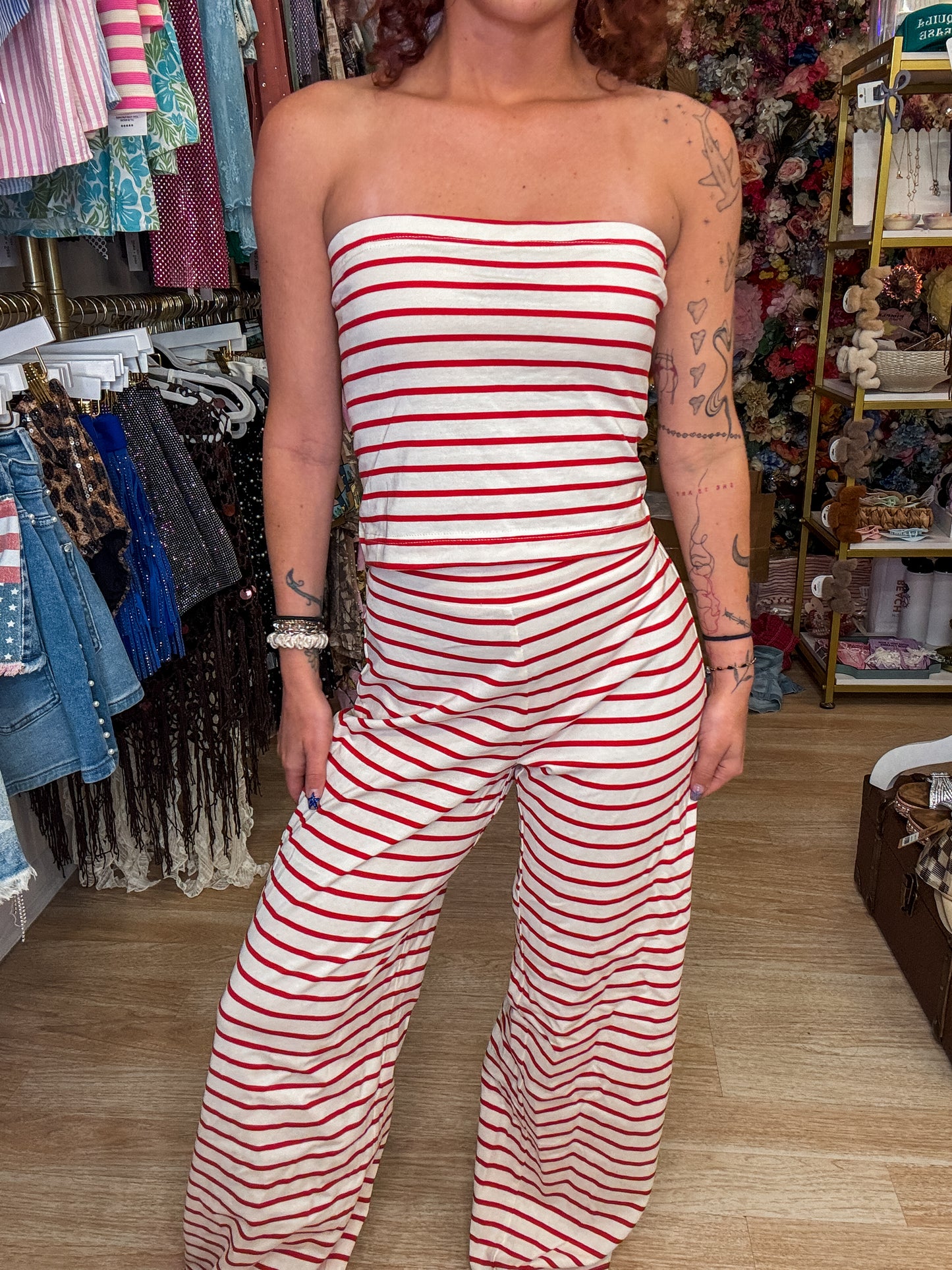 STRIPED TUBE TOP AND PANTS SET