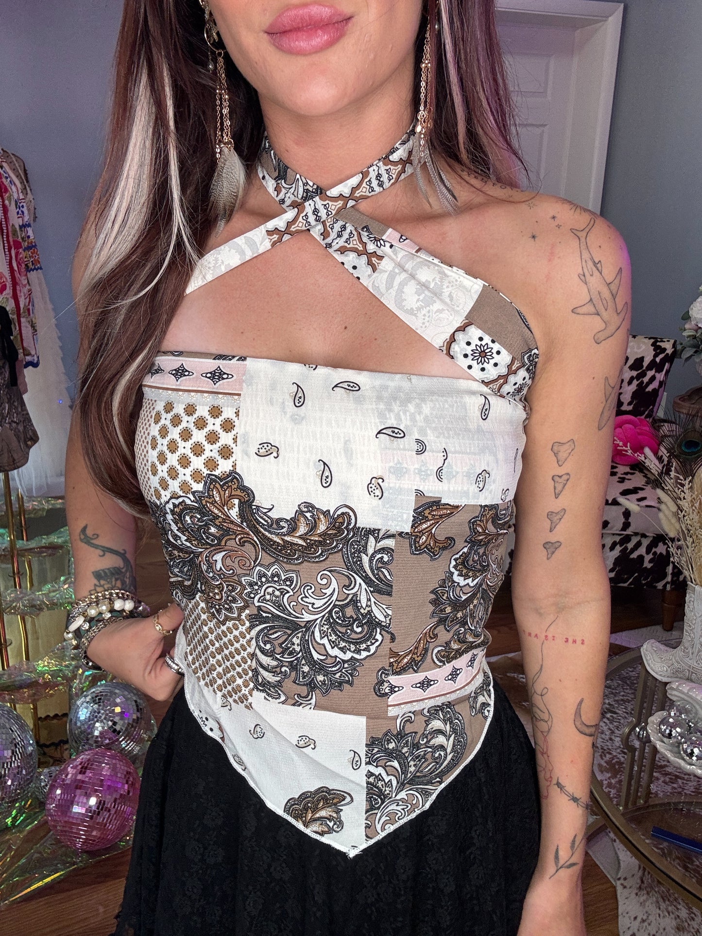 PAISLEY CROSSOVER HALTER NECK BANDEAU TOP
