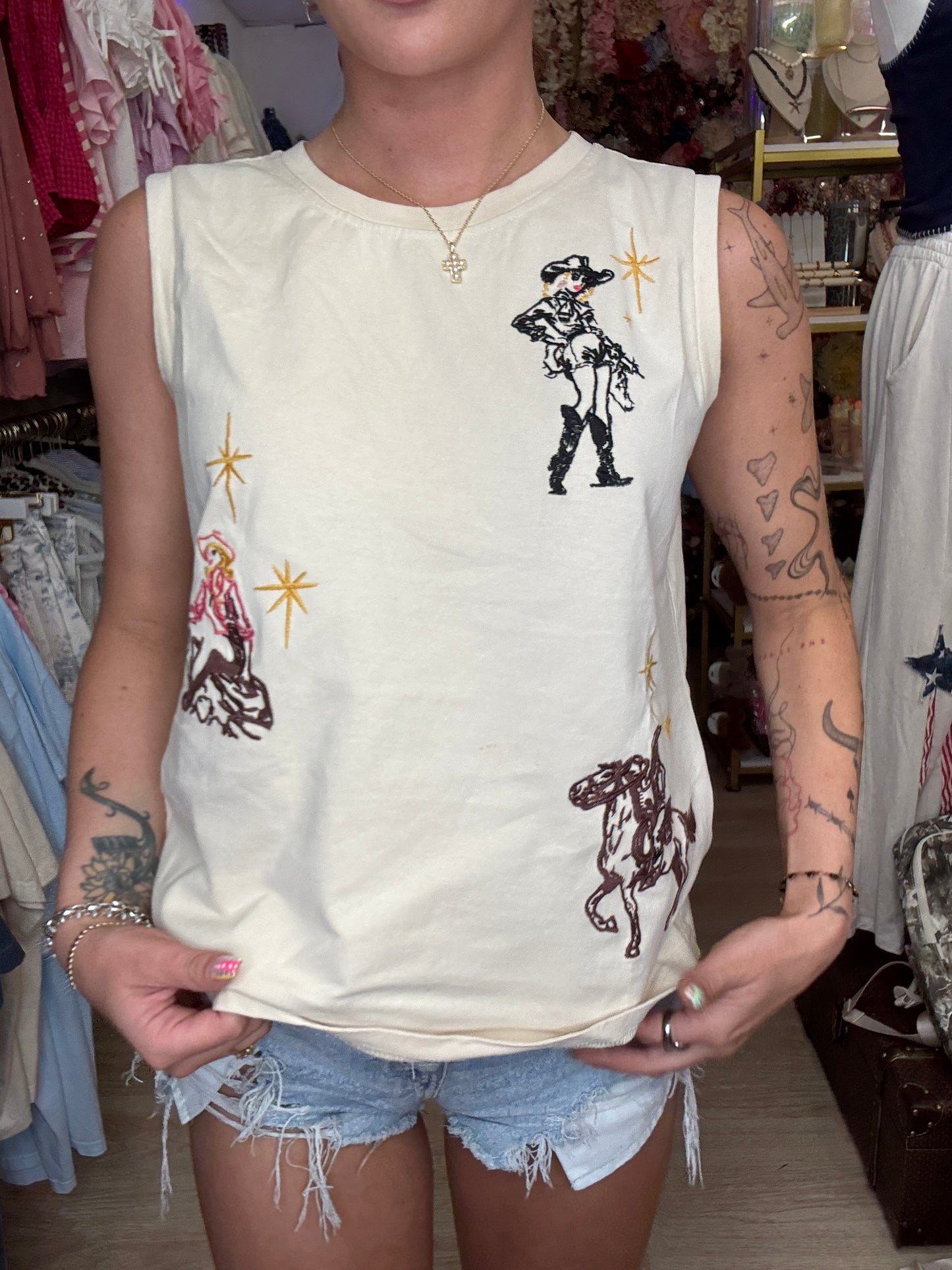 Western Motif Embroidered Sleeveless Top