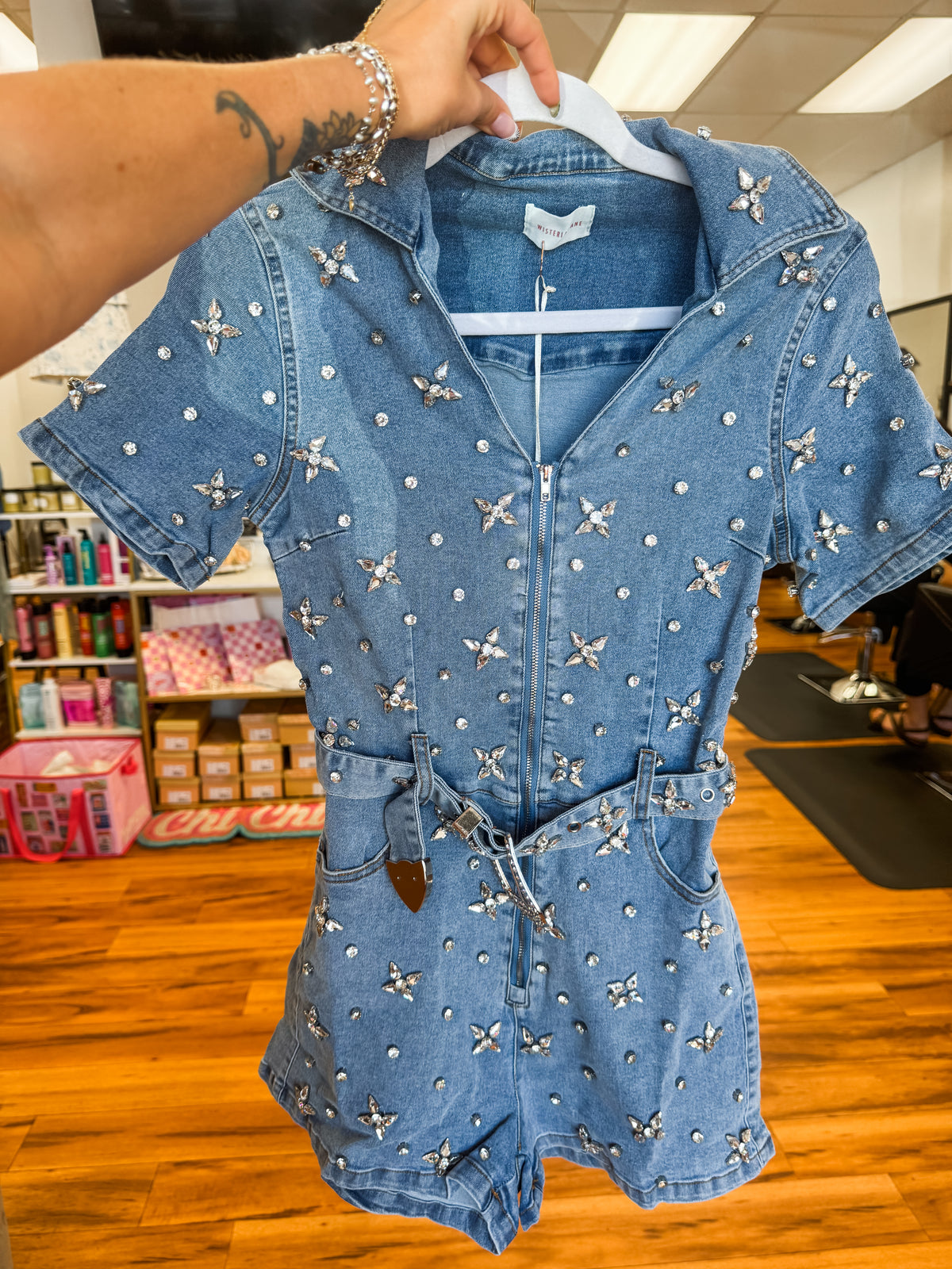 Denim Rhinestone Romper