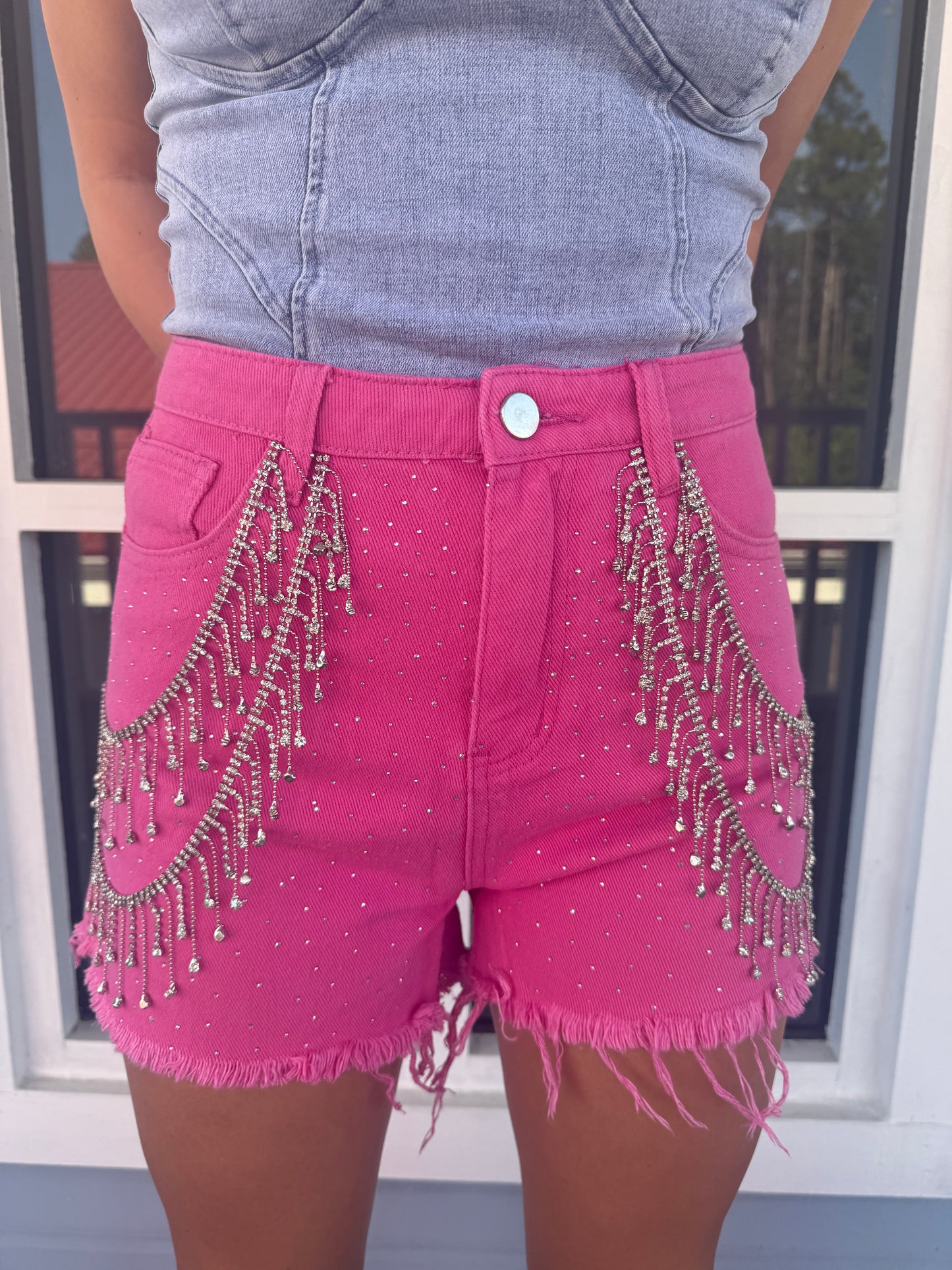 Sprinkle Gem Double Rhinestone Fringe Denim Shorts