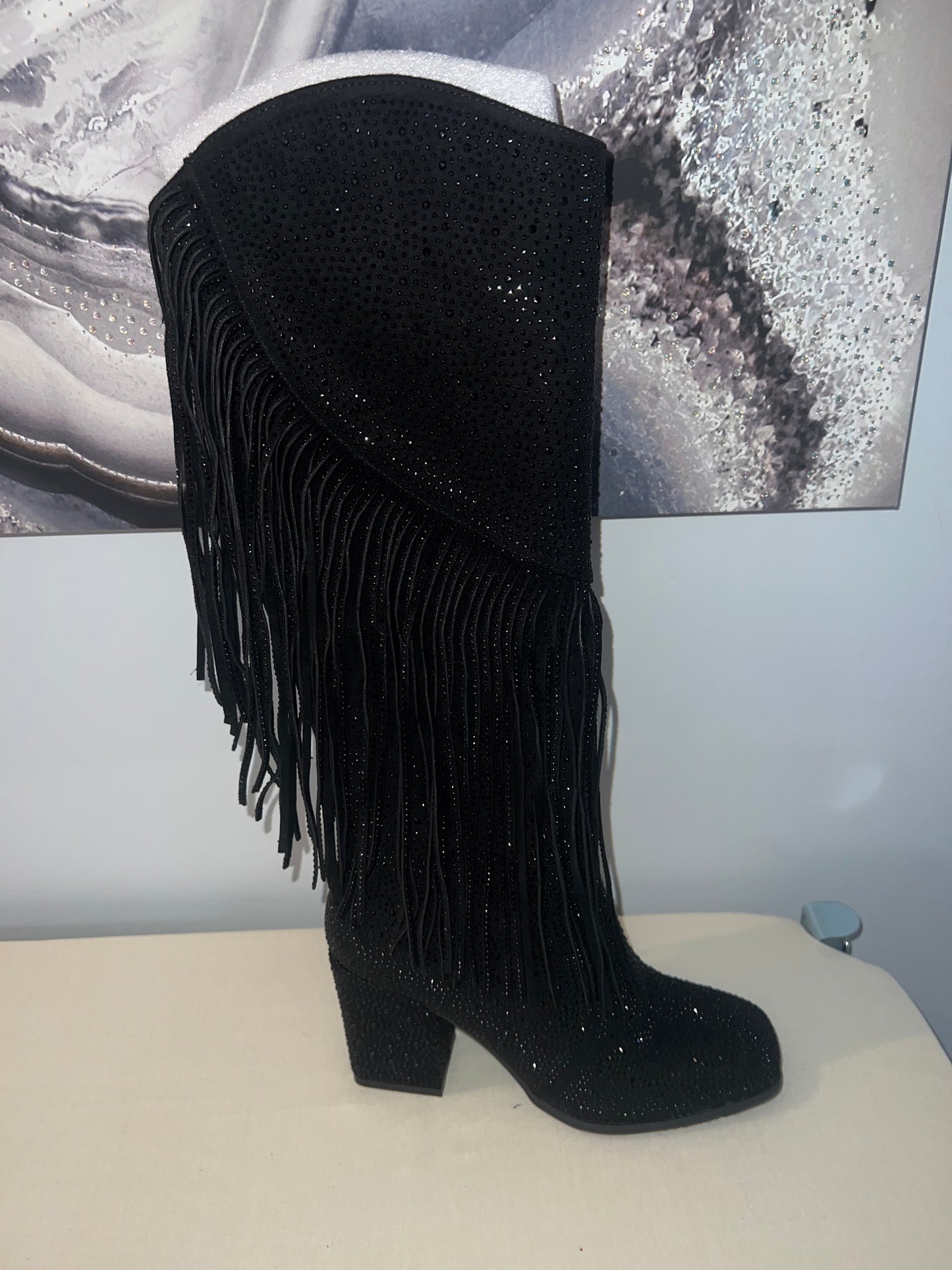 Black Fringe Tall bling boots