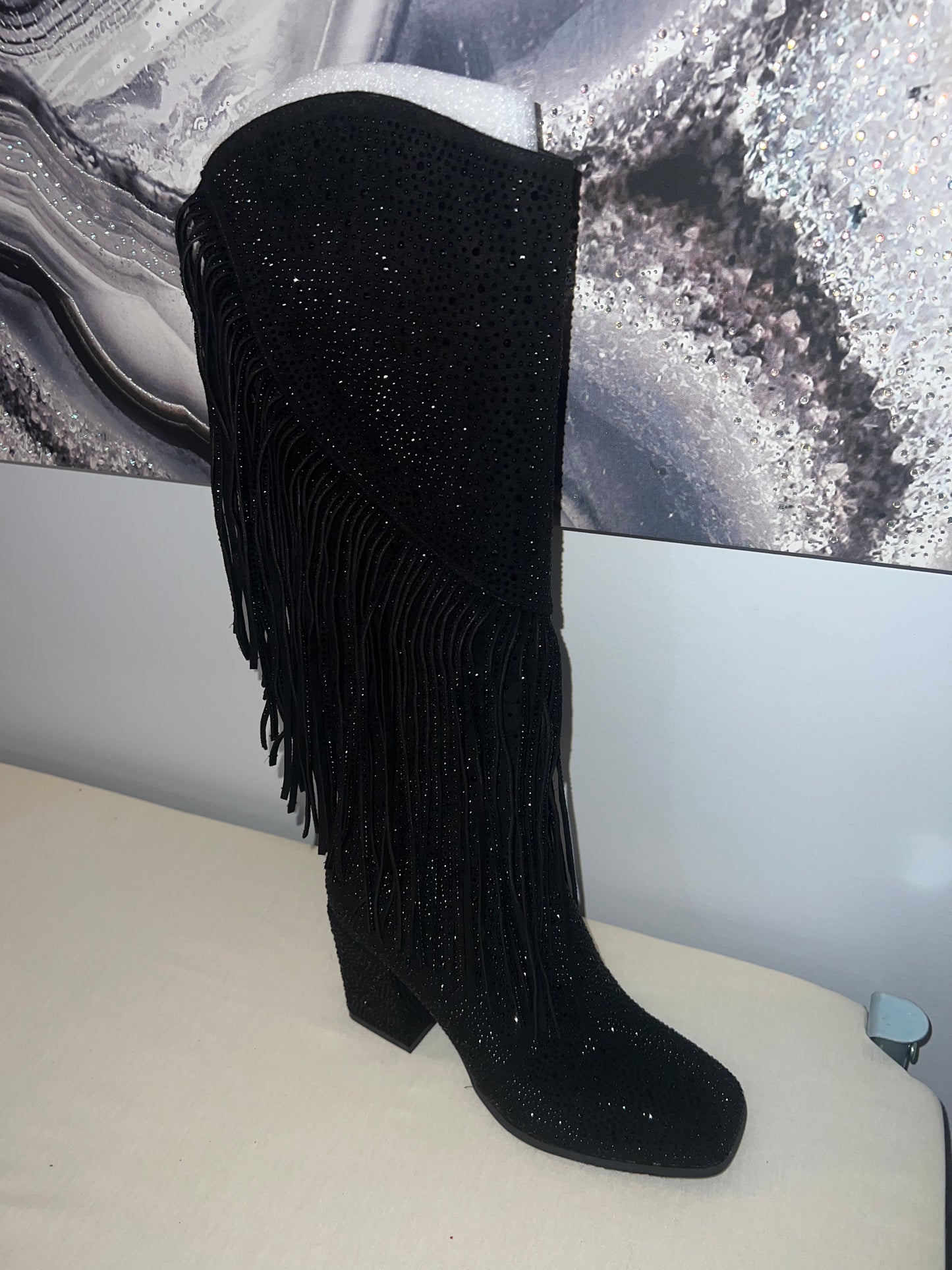 Black Fringe Tall bling boots