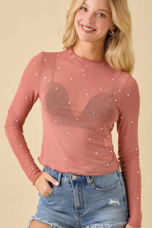 Rhinestone Trim Long Sleeve Mesh Top