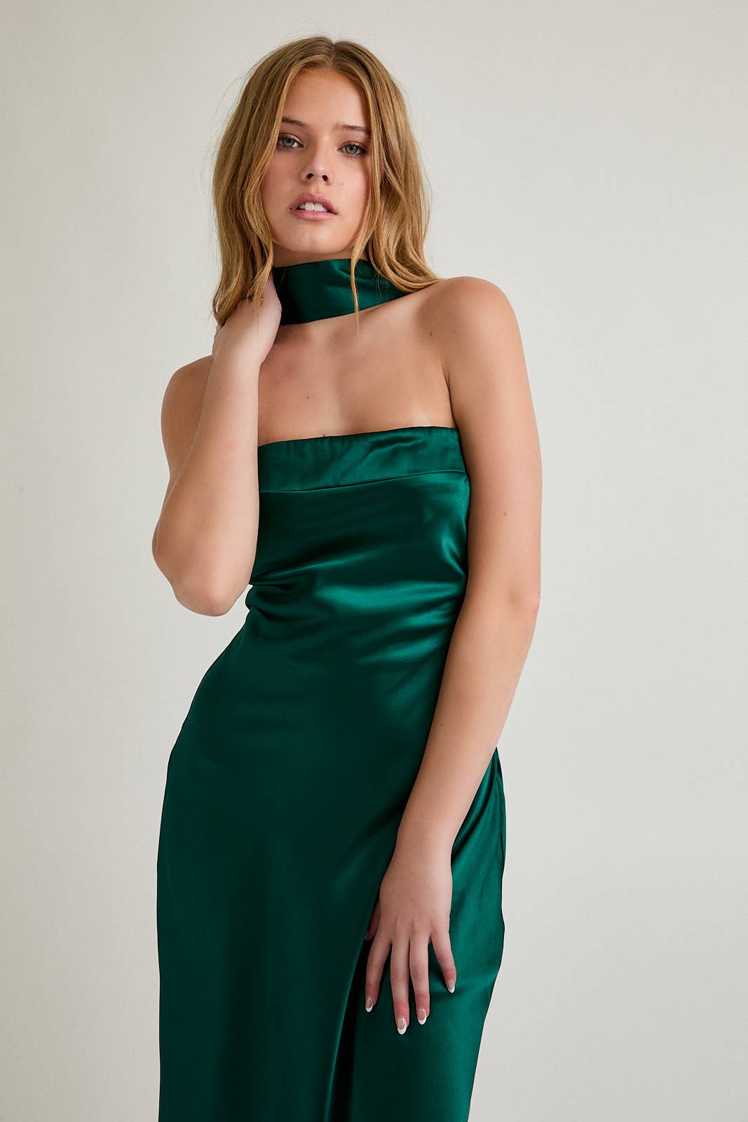 STRAPLESS SCARF DETAIL BIAS SATIN MIDI DRESS