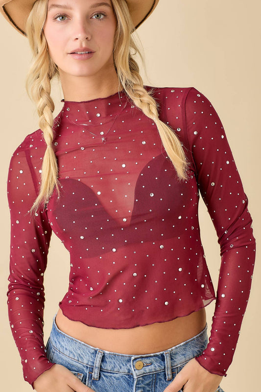 Rhinestone Trim Long Sleeve Mesh Top