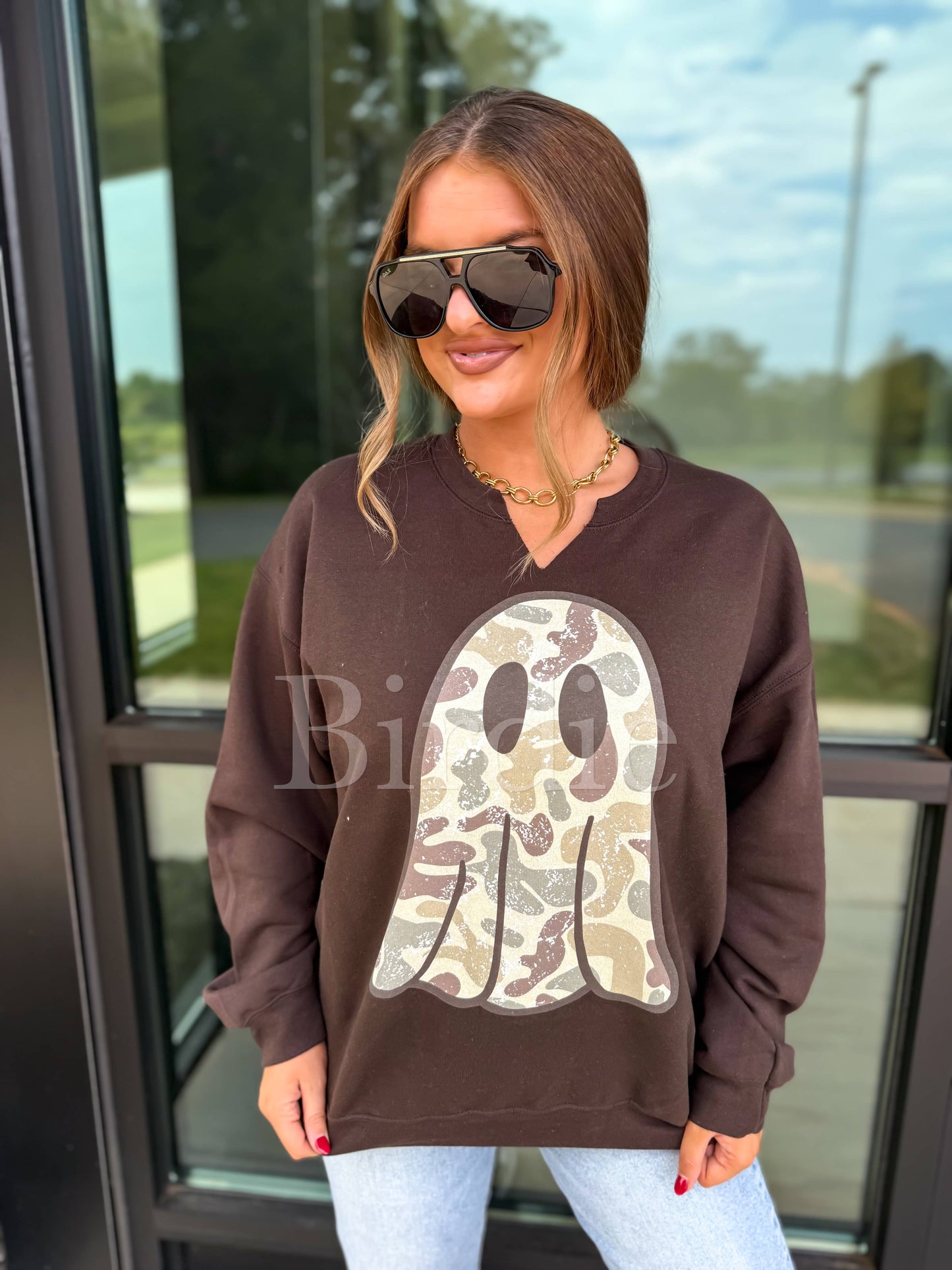 Camo Ghost Split Neck Graphic Crewneck on Dark Chocolate