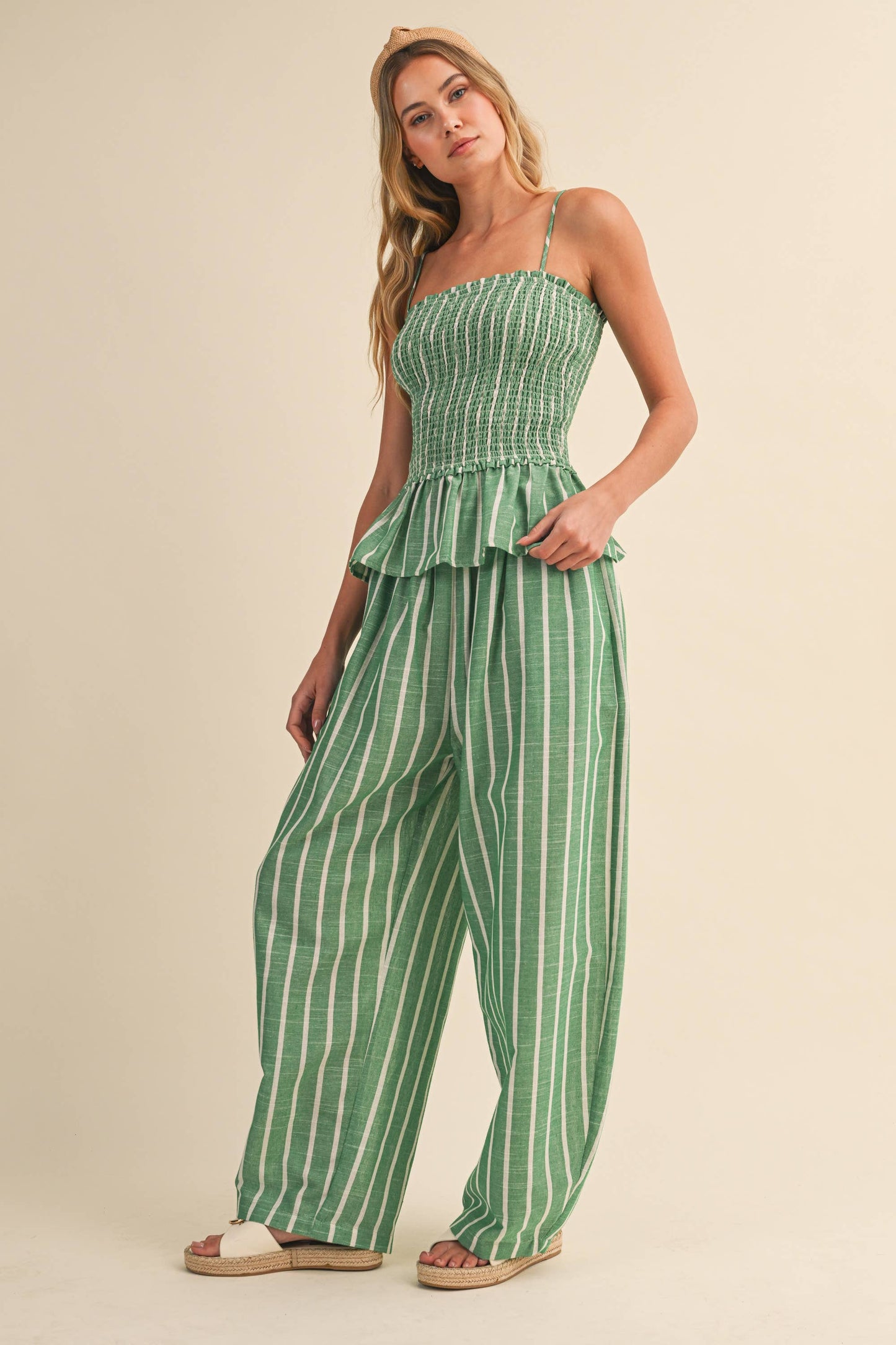 IST6606 STRIPED SMOCKED PEPLUM CAMI TOP AND BARREL PANTS SET