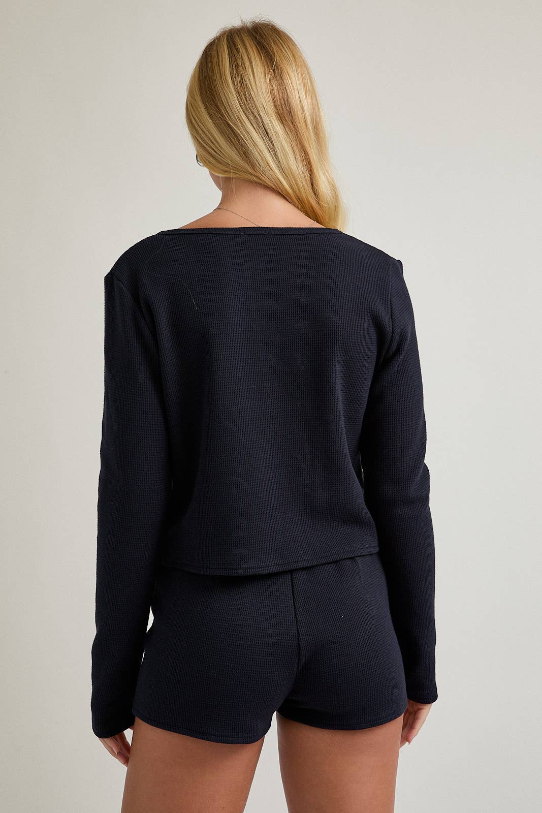 LONG SLEEVE WAFFLE KNIT TOP WITH LOW WAIST MICRO SHORTS