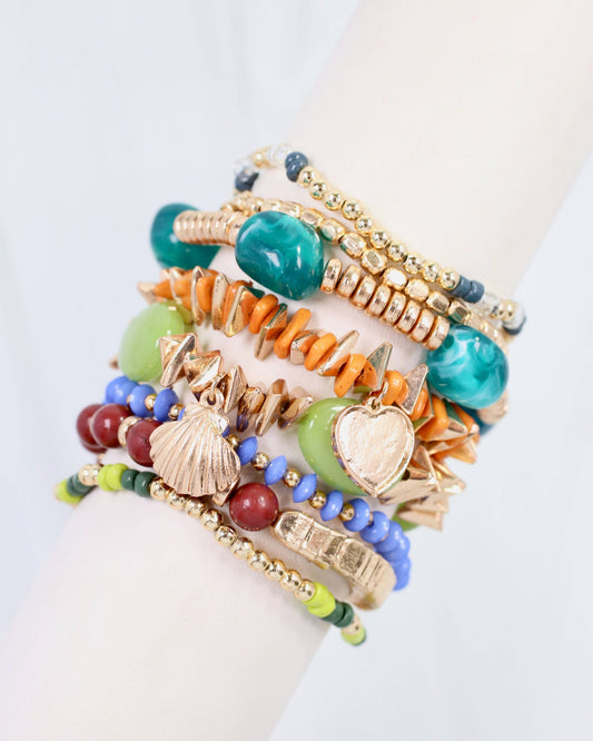 Shaker Beaded Stretch Bracelet Set Green Multi