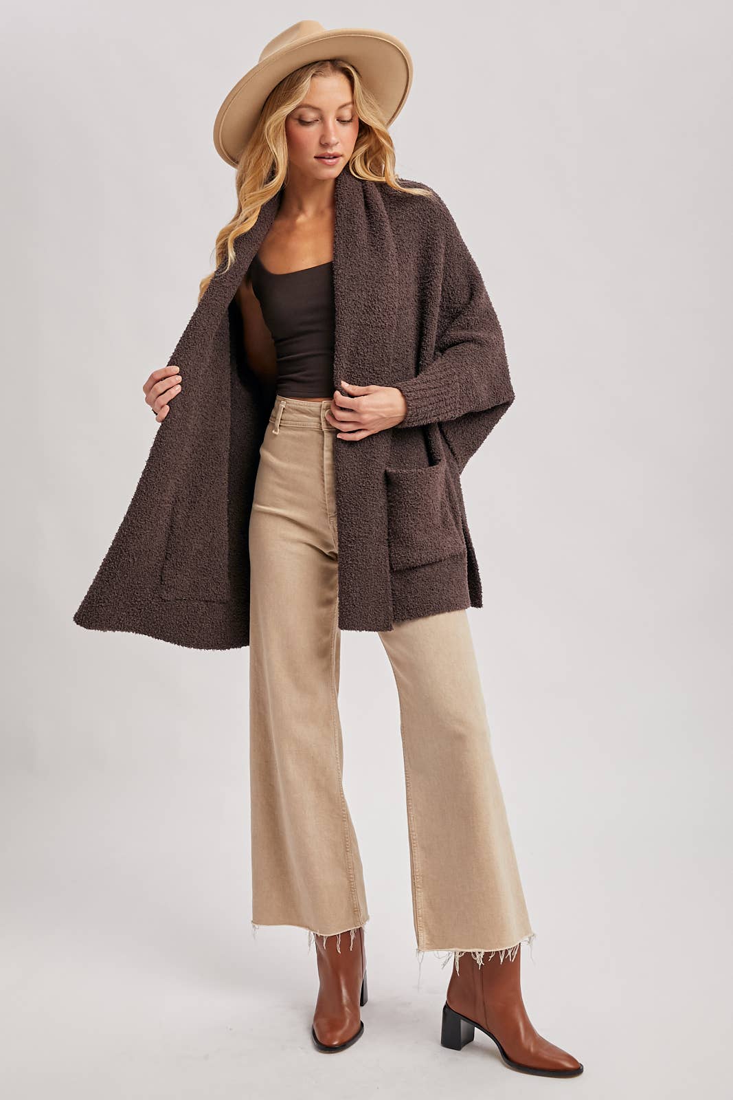 OPEN FRONT BLANKET WRAP BOUCLE KNIT SWEATER CARDIGAN