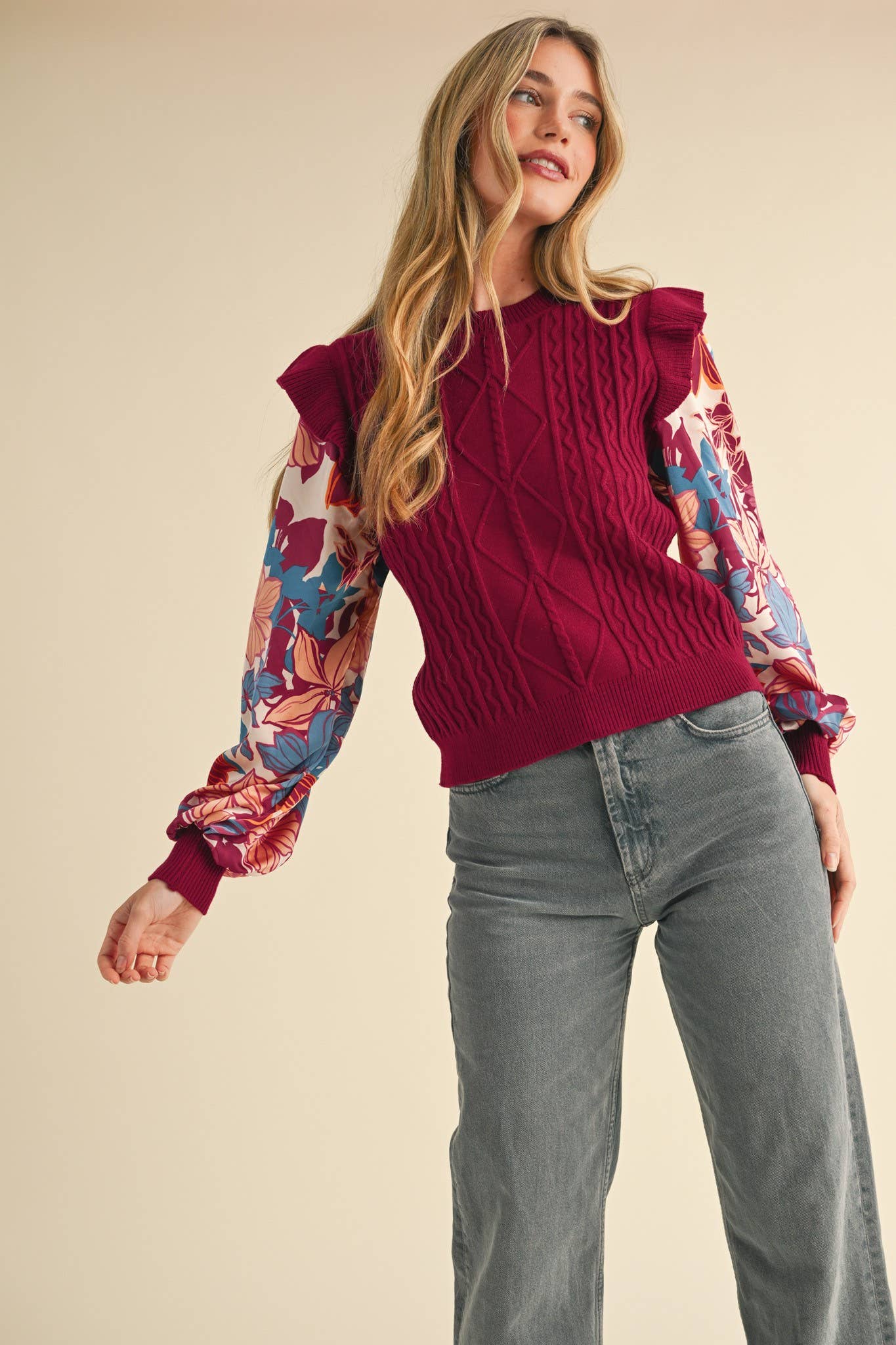 MIXED MEDIA SWEATER TOP WITH WOVEN SLEEVES MSW10749
