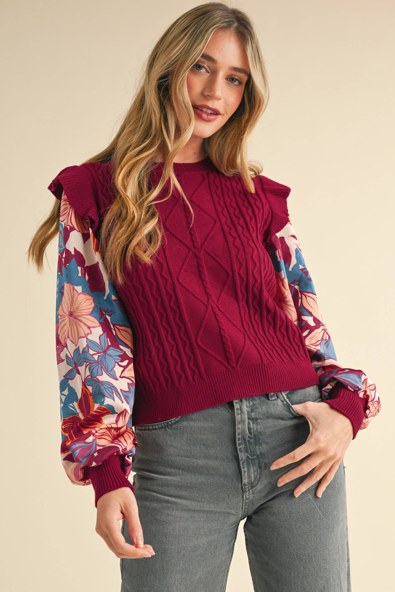 MIXED MEDIA SWEATER TOP WITH WOVEN SLEEVES MSW10749