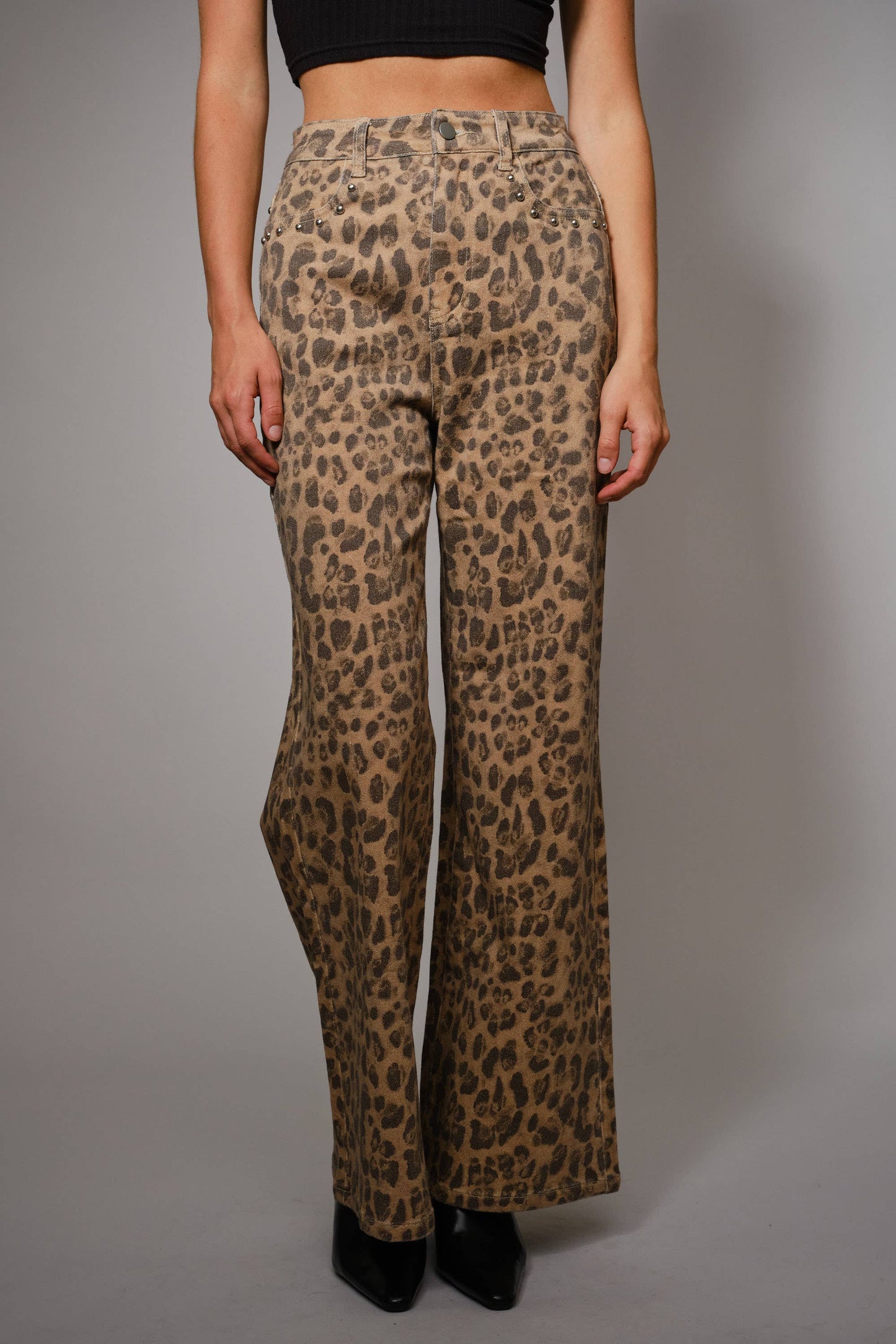 91605P - Washed Leopard Print Stud Pants